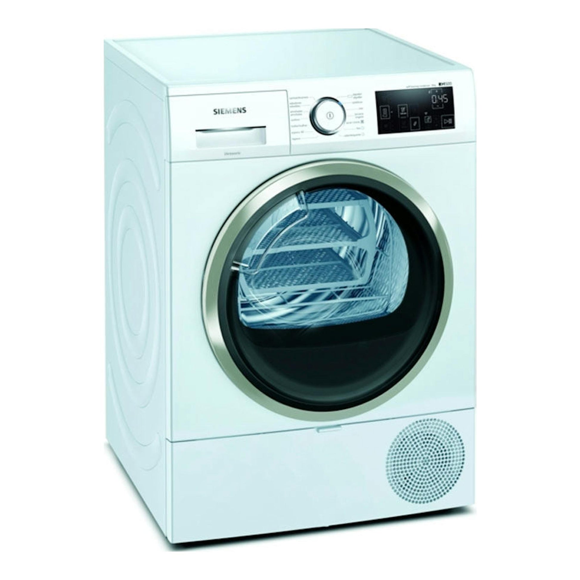 Secadora frontal Siemens WT47URH1ES blanca, vista 3/4, con puerta negra y panel de control digital.