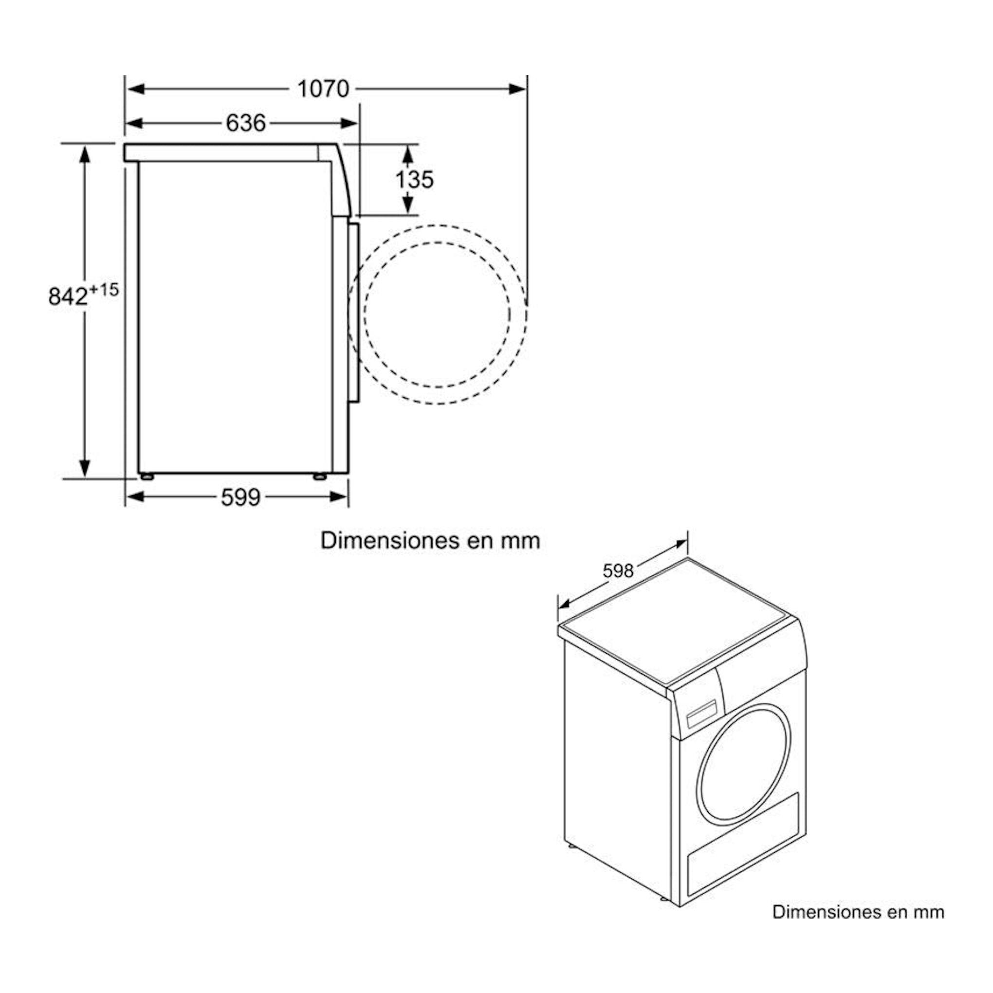 Siemens WT47URH1ES: esquema dimensional de secadora blanca con carga frontal, vista lateral e isométrica, en mm.