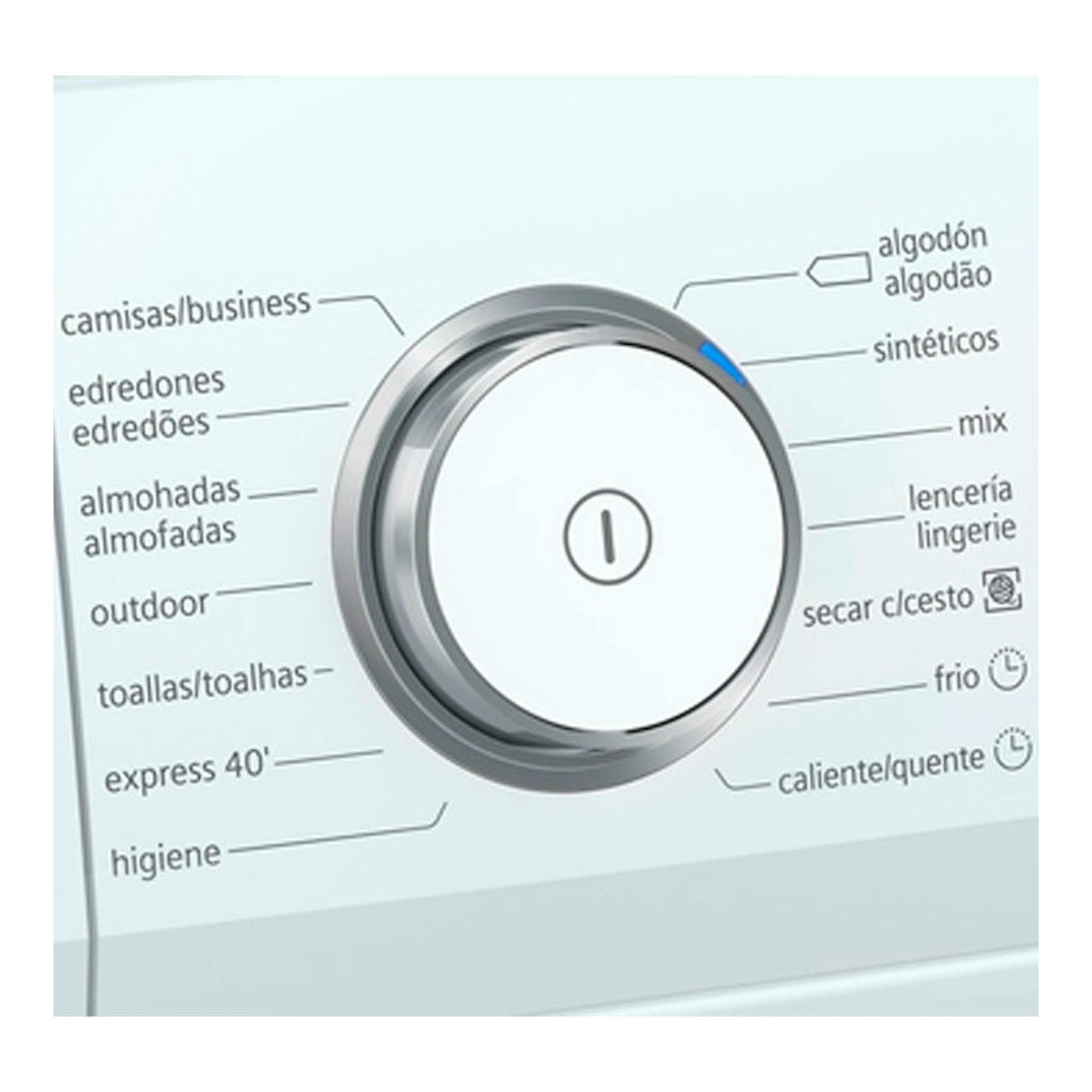 Primer plano del panel de control de una secadora Siemens WT47URH1ES, con selector central y programas en español.