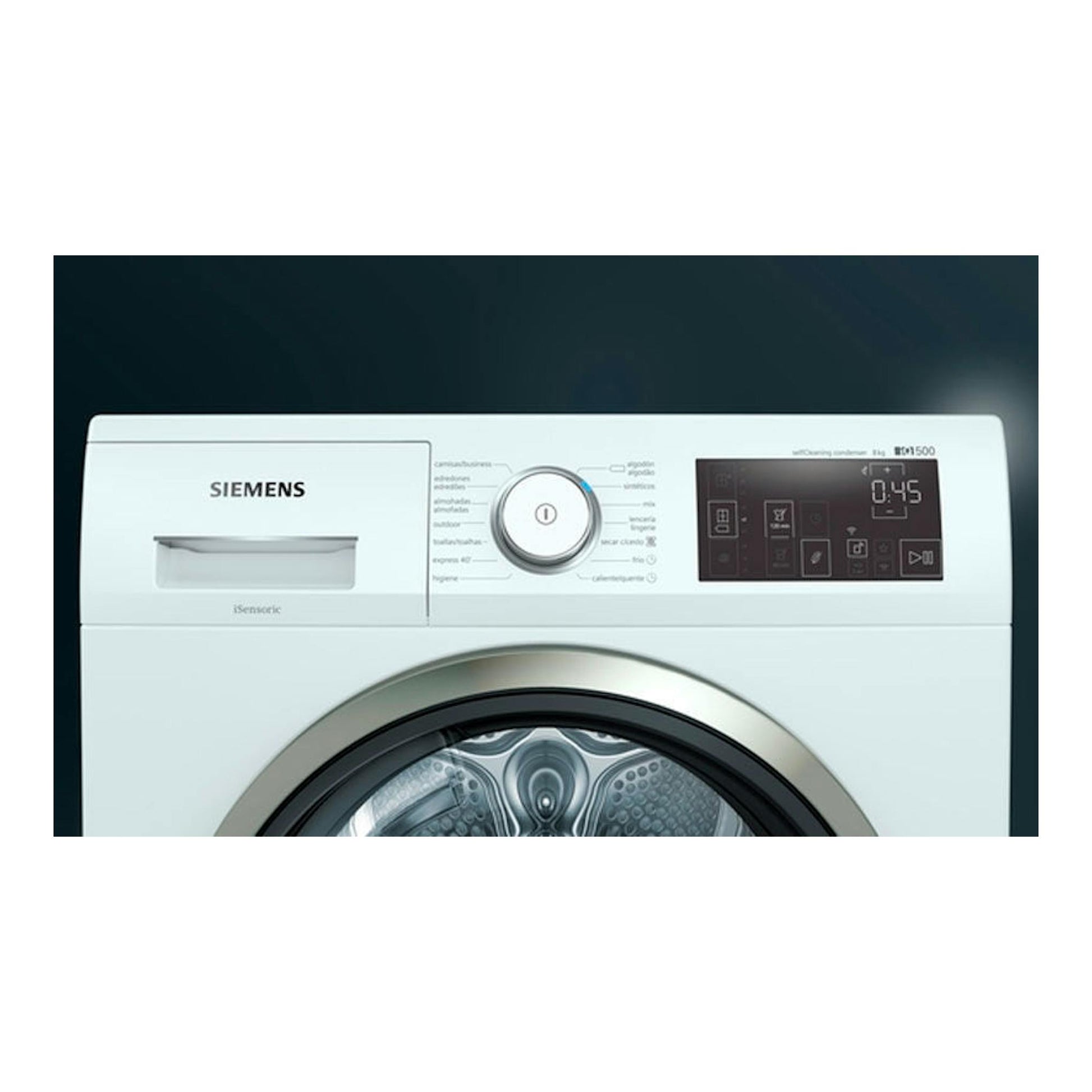 Secadora Siemens WT47URH1ES blanca, vista frontal, con puerta circular y panel digital negro.