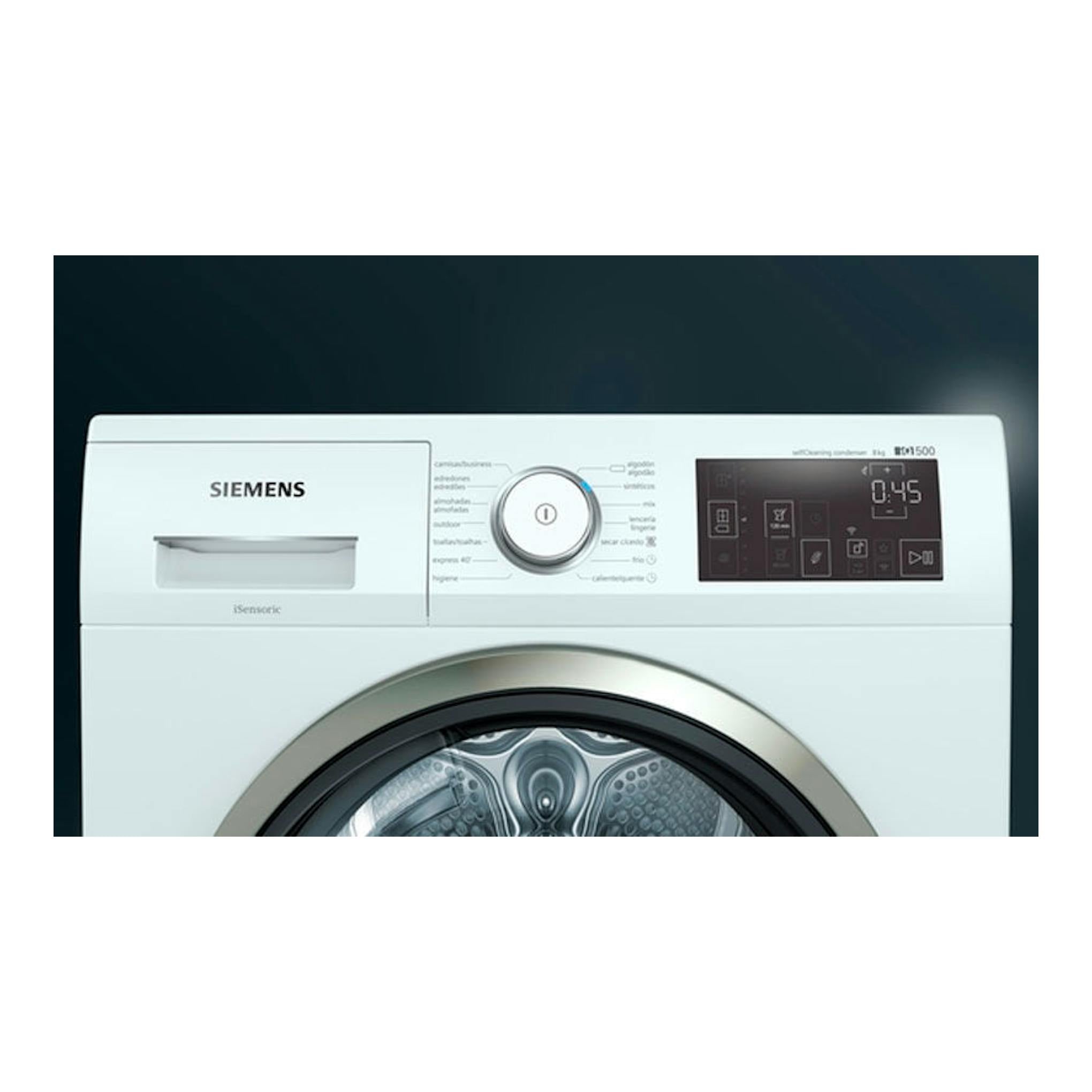 Secadora Siemens WT47URH1ES blanca, vista frontal, con puerta circular y panel digital negro.