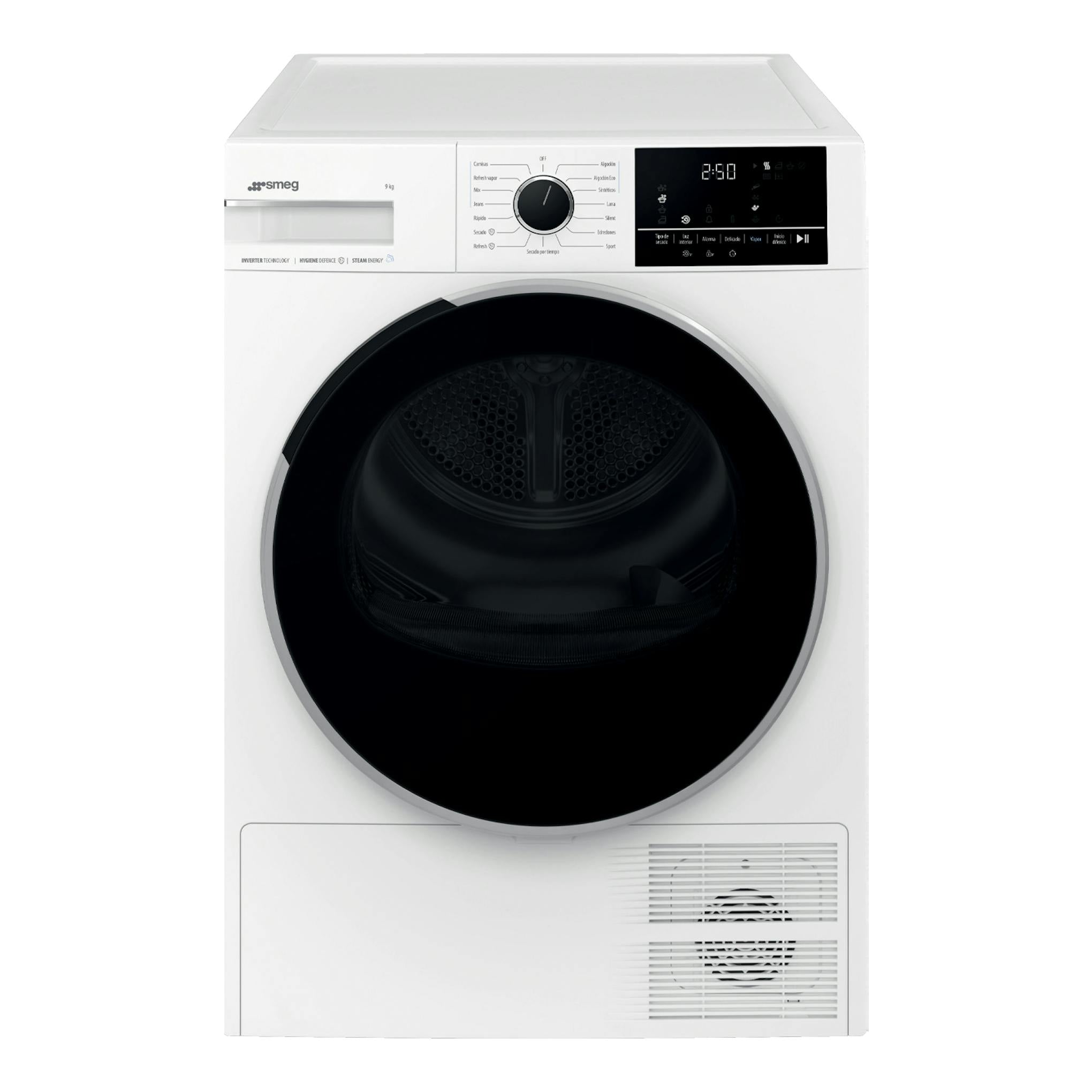 Secadora Smeg DNP09SEBES blanca, vista frontal, con puerta circular negra y panel de control superior.