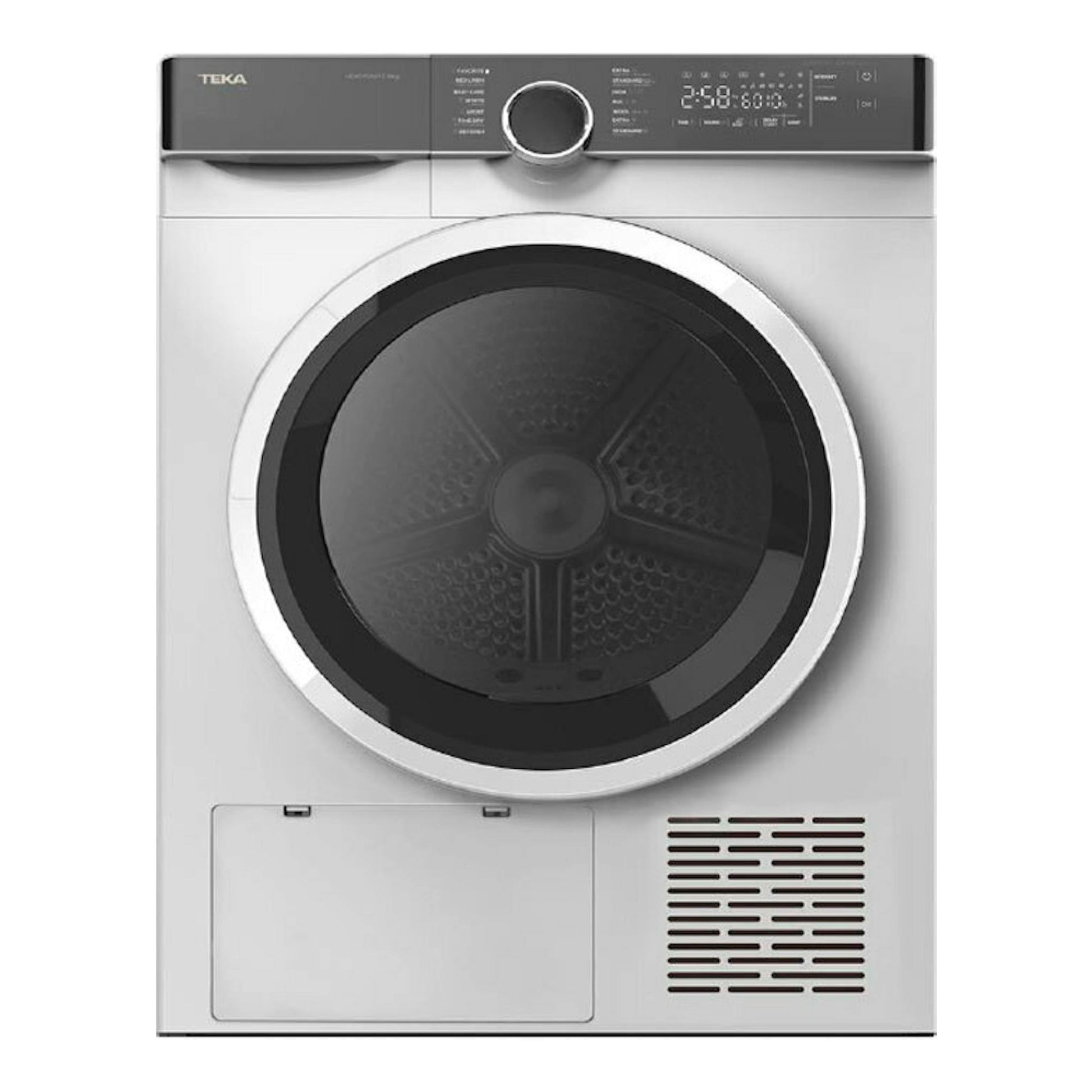 Secadora Teka SHK70840 blanca, vista frontal, con puerta circular negra y panel digital superior.