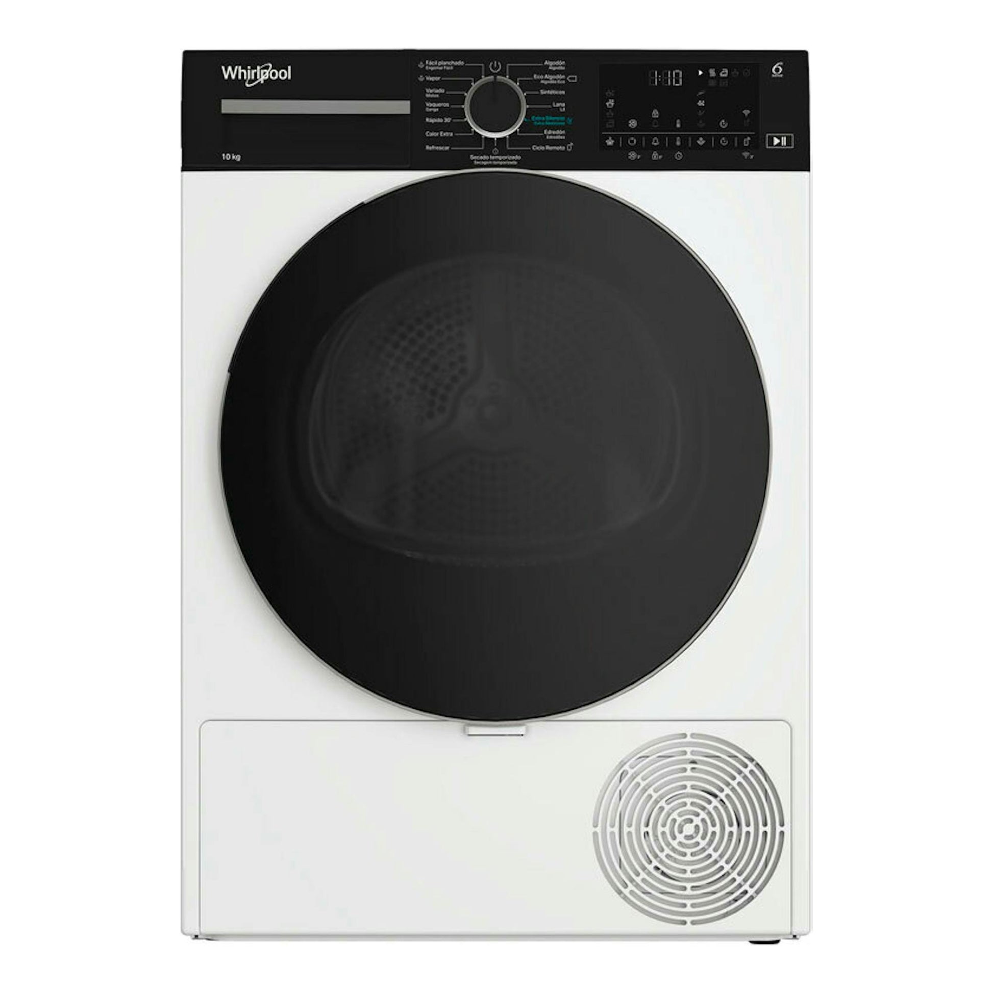 Secadora Whirlpool CWD104MWBSSPT 10 kg, vista frontal, blanca con puerta circular negra y panel superior negro.