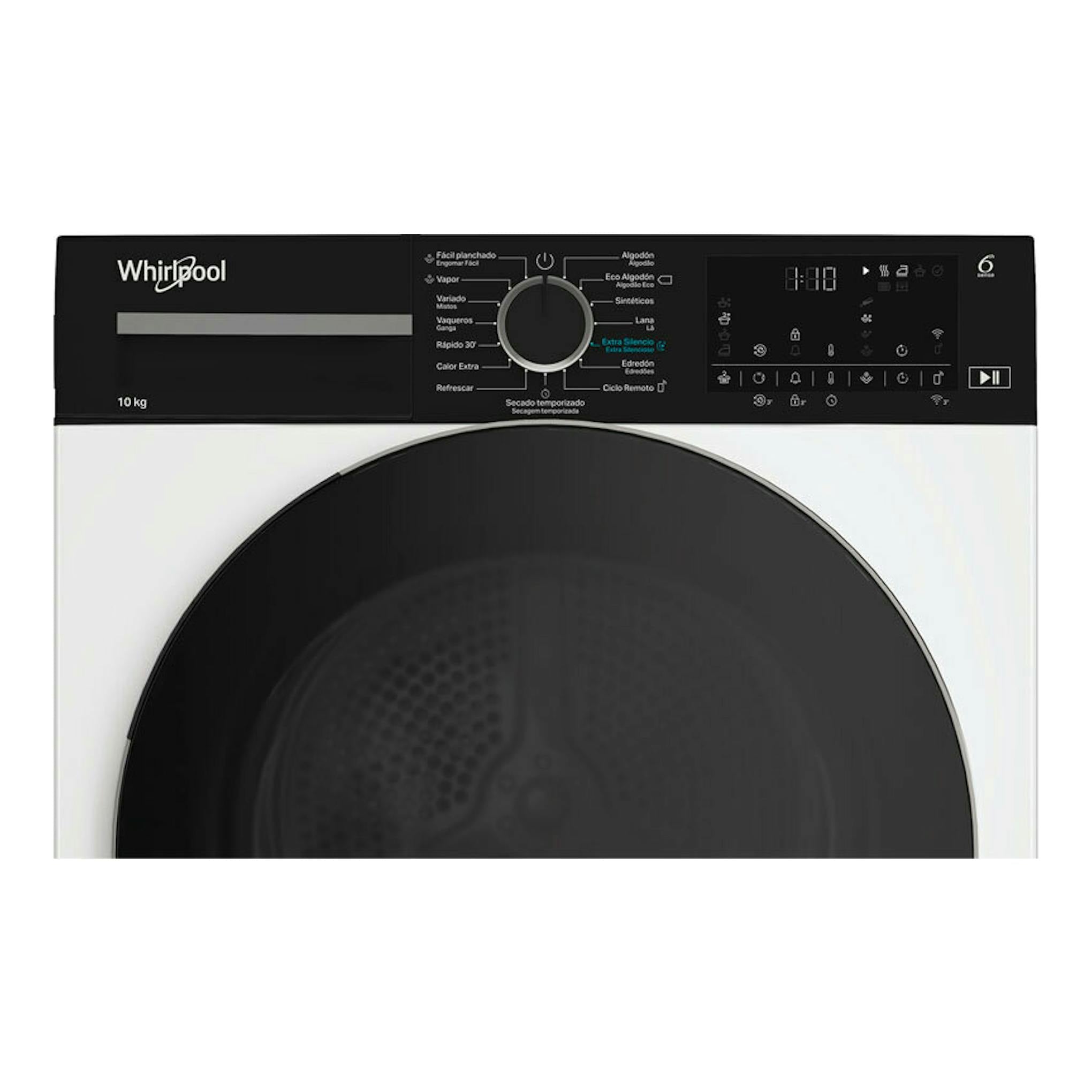 Secadora Whirlpool CWD104MWBSSPT de 10 kg, vista frontal, blanca con panel superior negro y puerta circular negra.