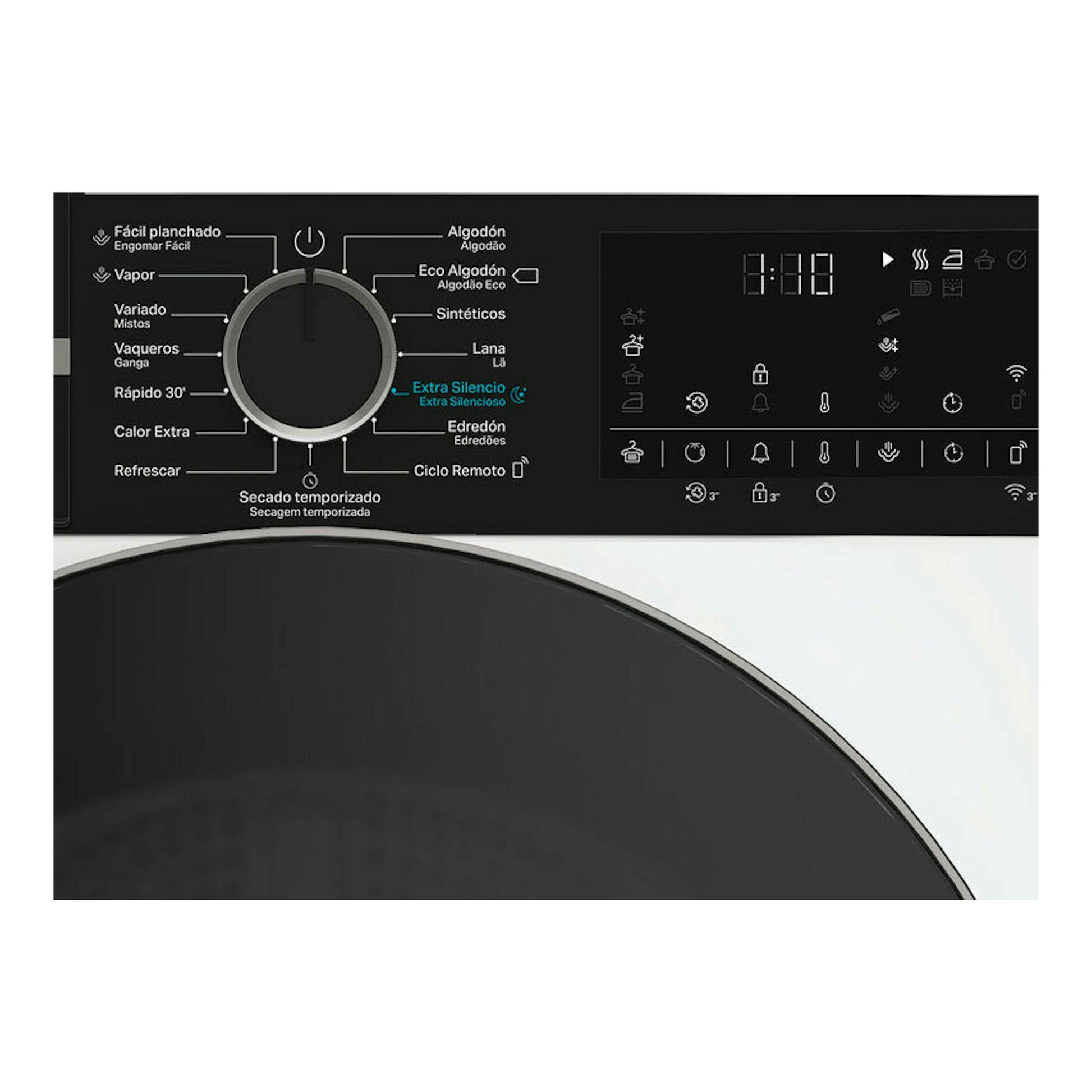 Panel de control de secadora Whirlpool CWD104MWBSSPT negra con perilla central y pantalla digital.