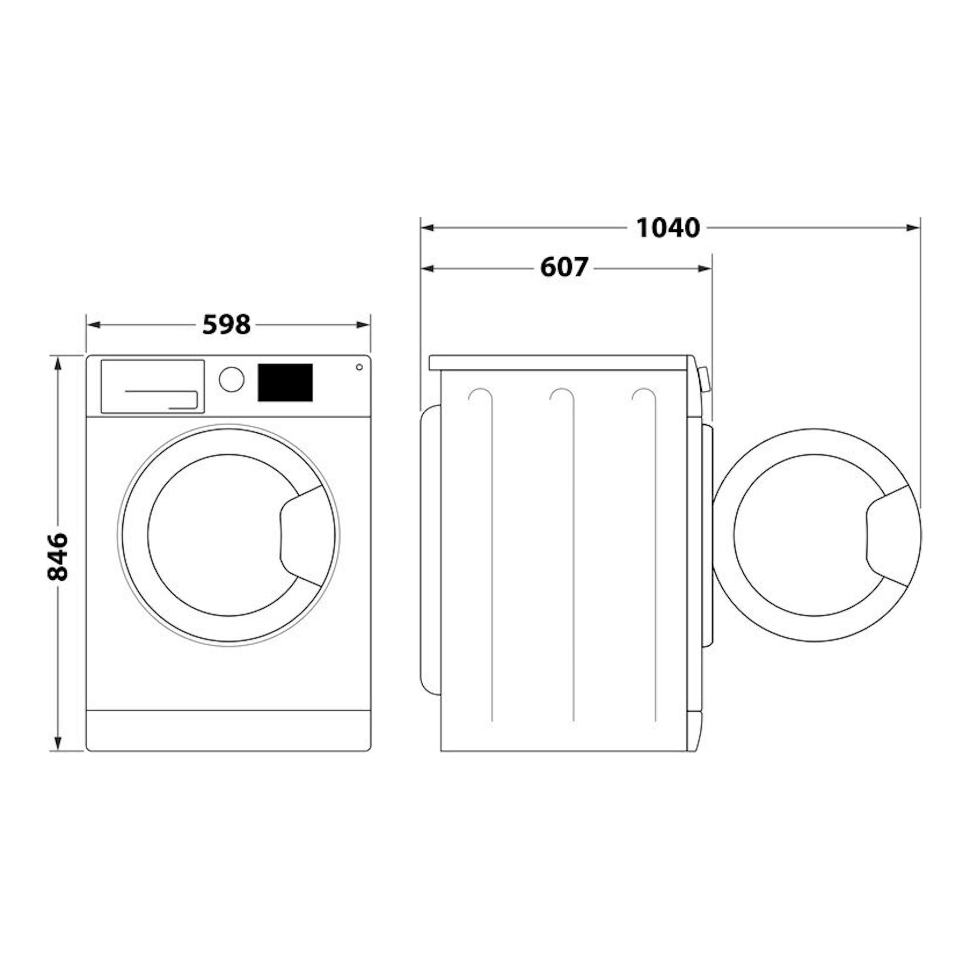Secadora Whirlpool CWD84MWBSSPT, vistas frontal y lateral, blanca, con dimensiones 598x846x607 mm.