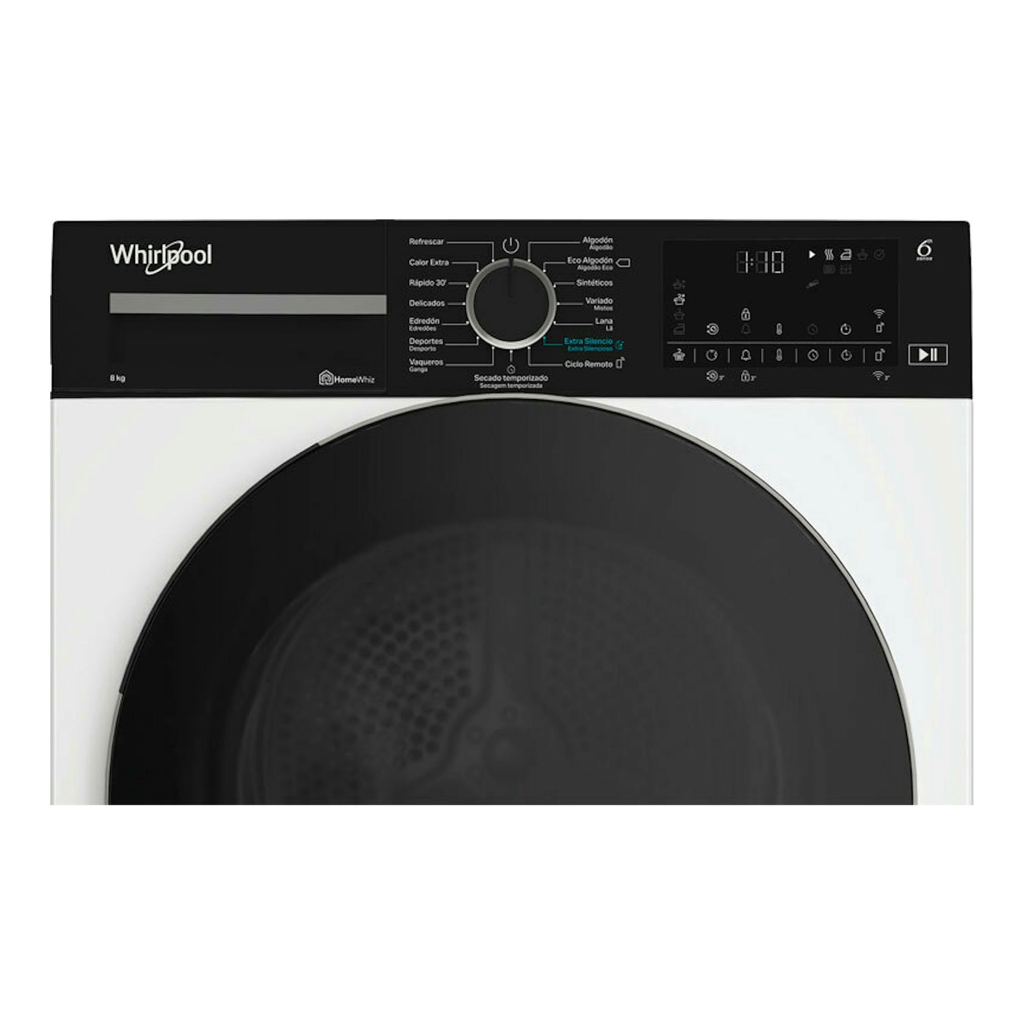 Secadora Whirlpool CWD84MWBSSPT 8Kg, vista frontal, cuerpo blanco, panel negro y puerta circular oscura.