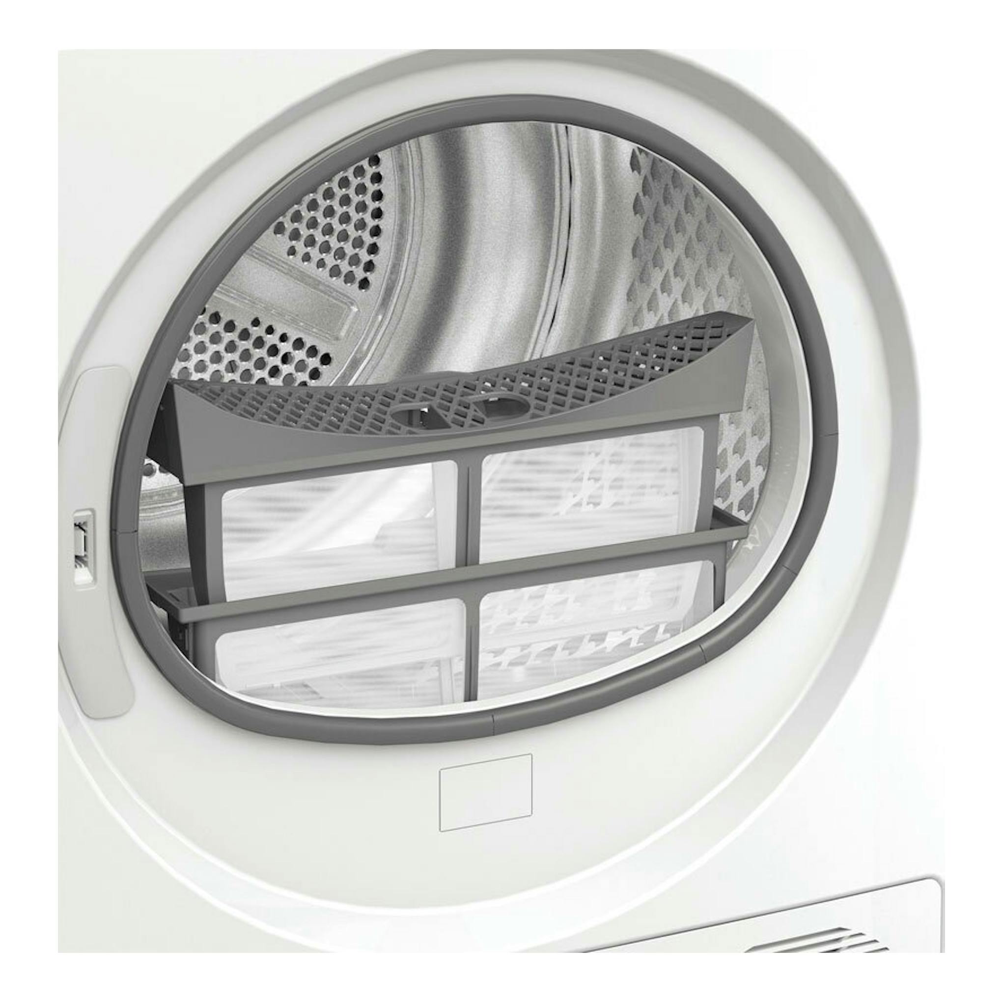 Secadora Whirlpool CWD84MWBSSPT blanca, vista frontal con puerta abierta y filtro interior visible.