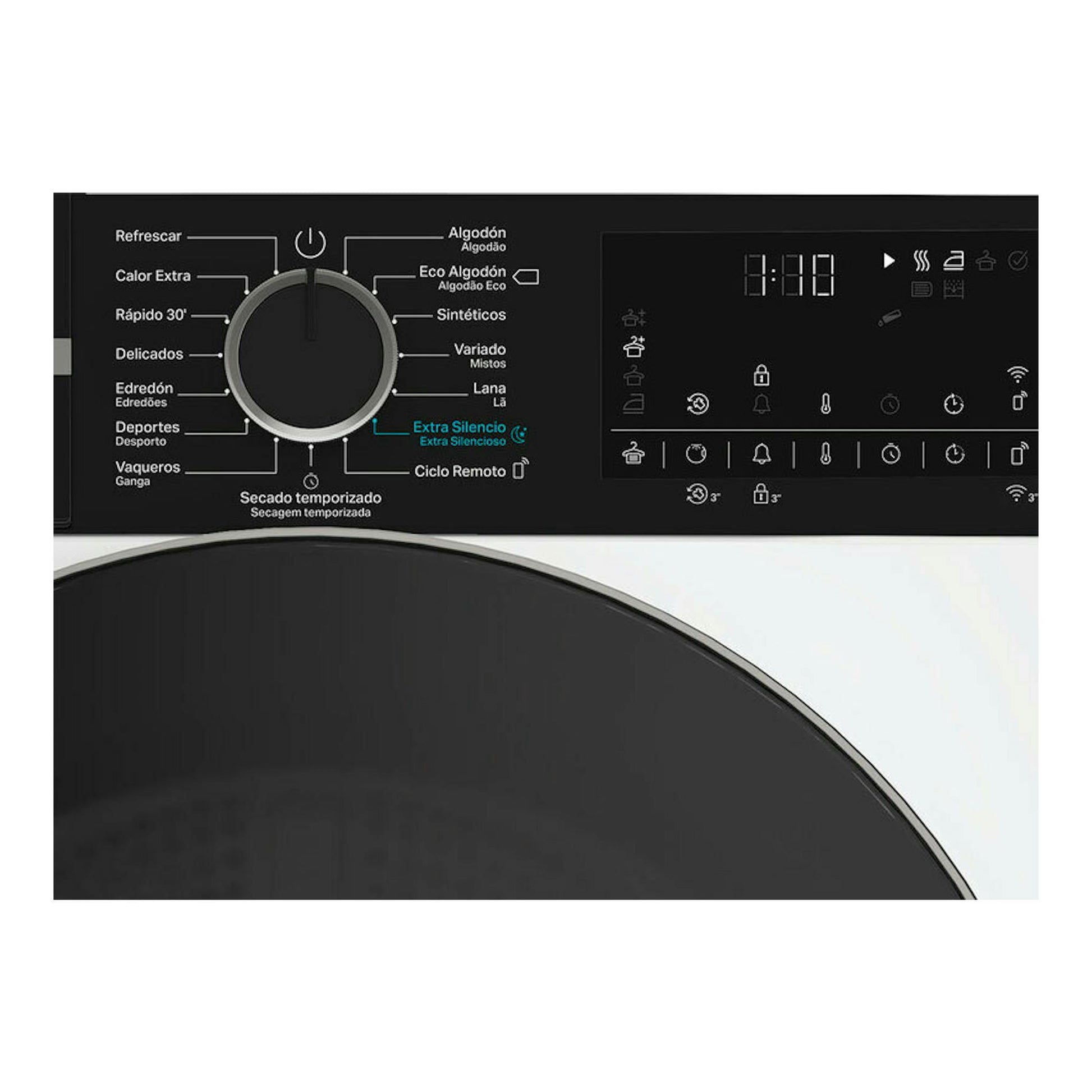 Secadora Whirlpool CWD84MWBSSPT negra, vista frontal parcial del panel con selector y pantalla digital.
