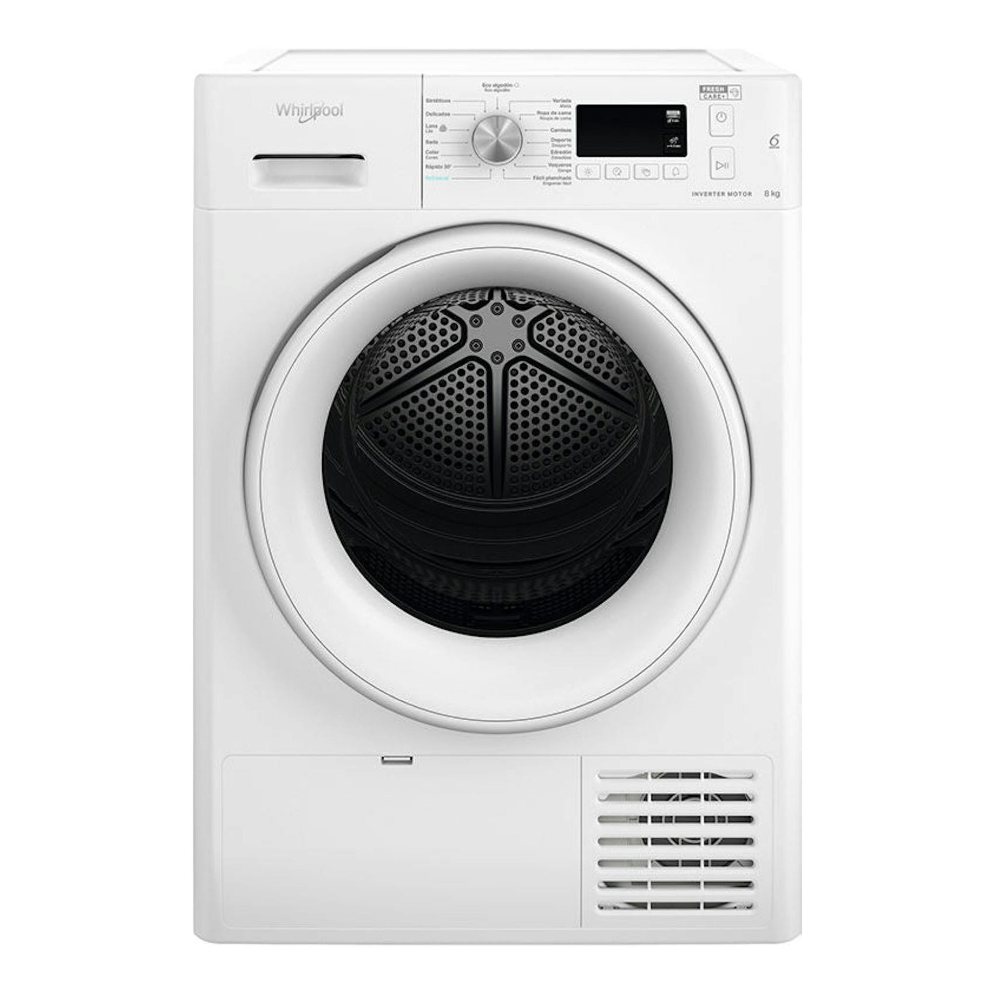 Secadora frontal Whirlpool FFTM1182SPT blanca, vista frontal, con puerta circular, panel digital y 8 kg.