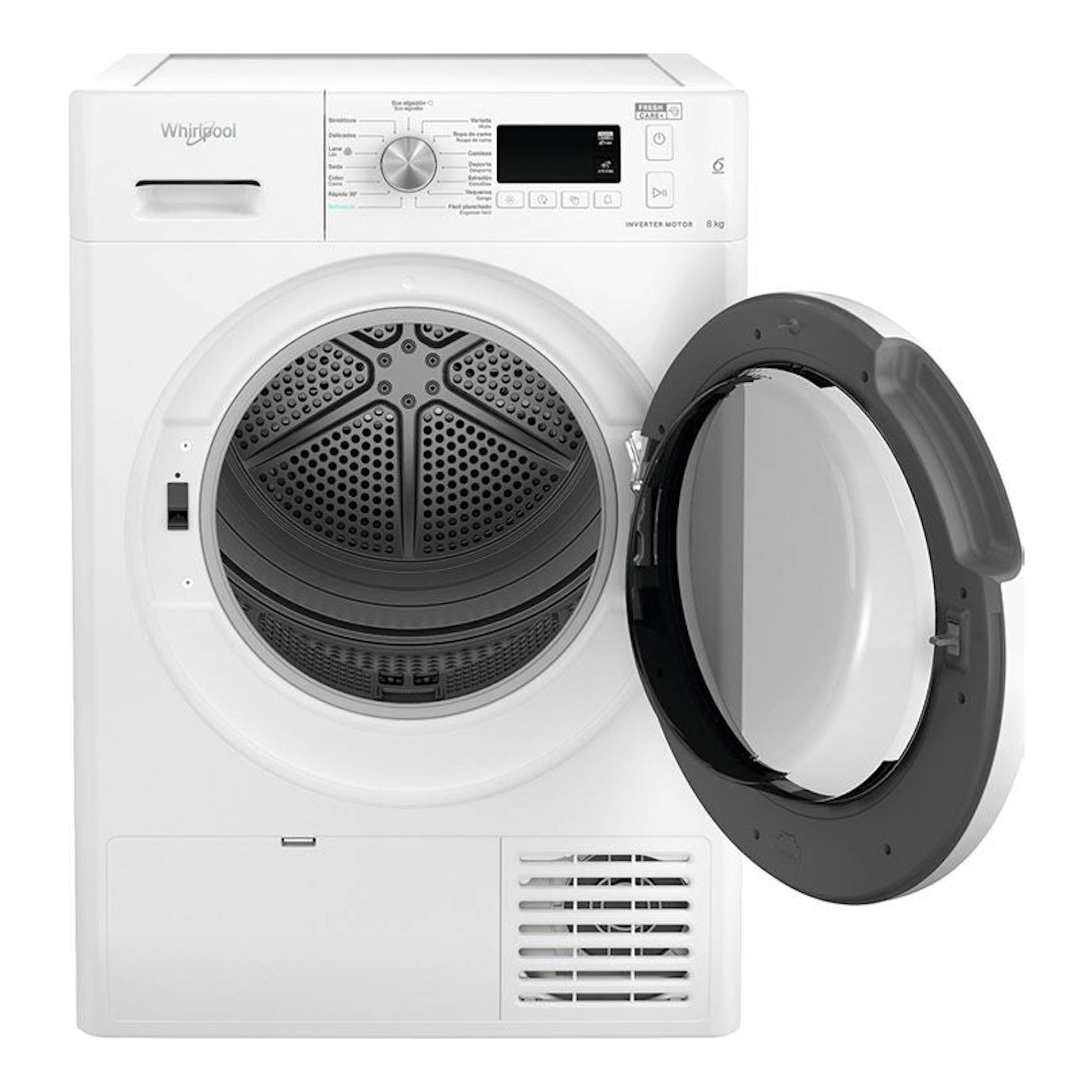Secadora Whirlpool FFTM1182SPT blanca de 8 kg, vista frontal, con puerta abierta.