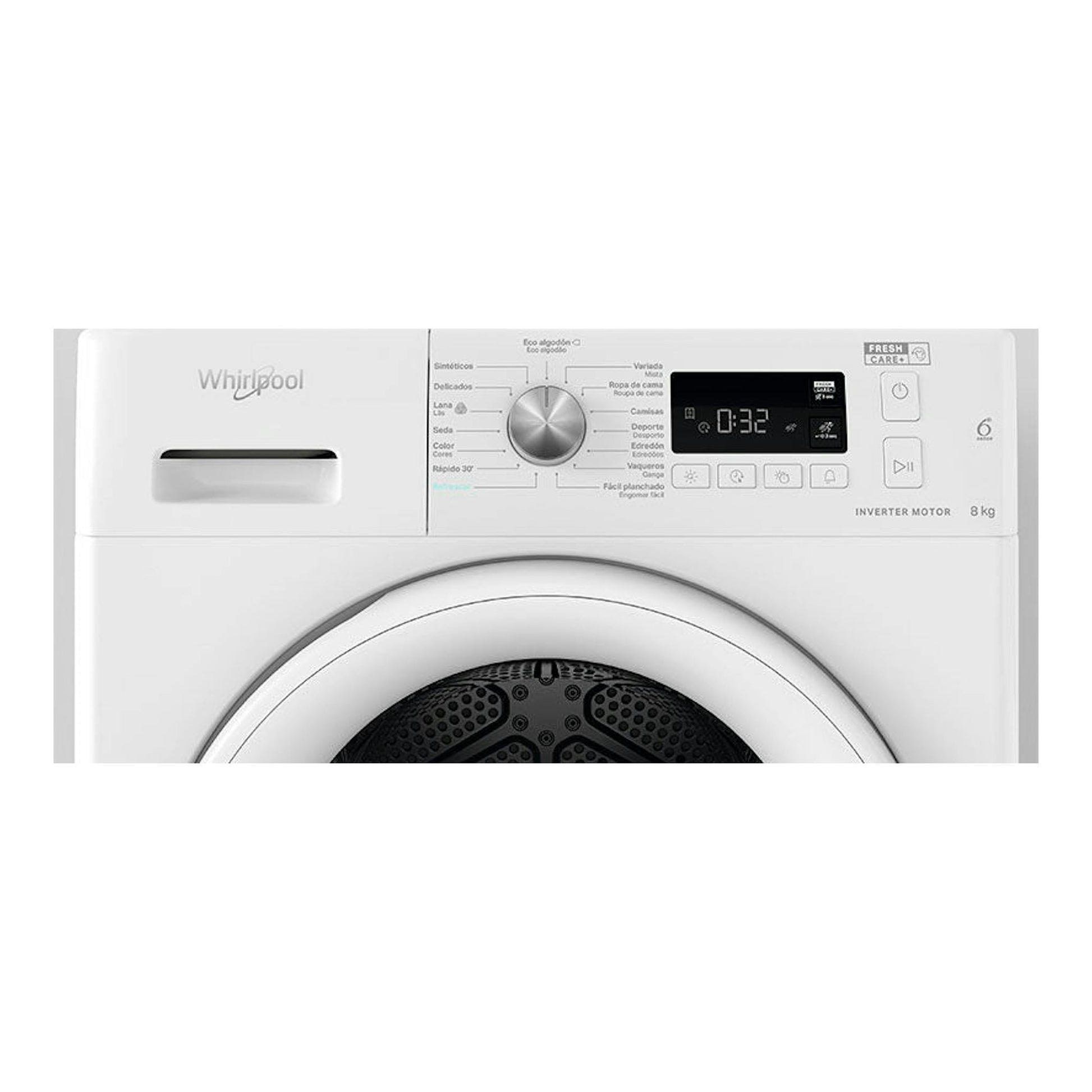 Secadora Whirlpool blanca de carga frontal, 8 kg, con panel digital y puerta circular.