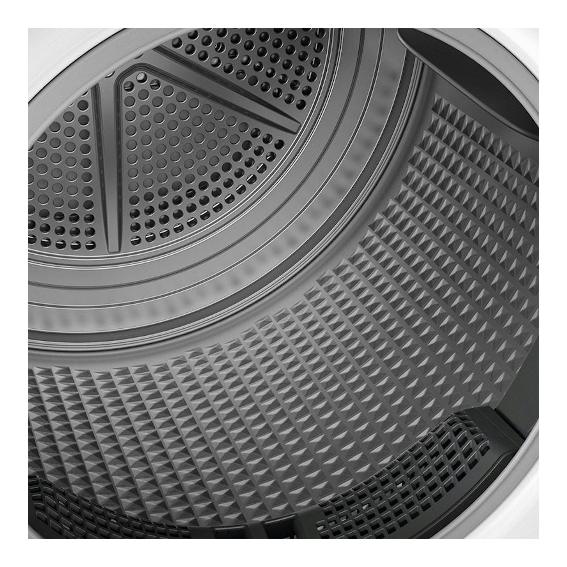 Interior de secadora Whirlpool FFTM1182SPT, vista frontal del tambor metálico gris con relieve geométrico.