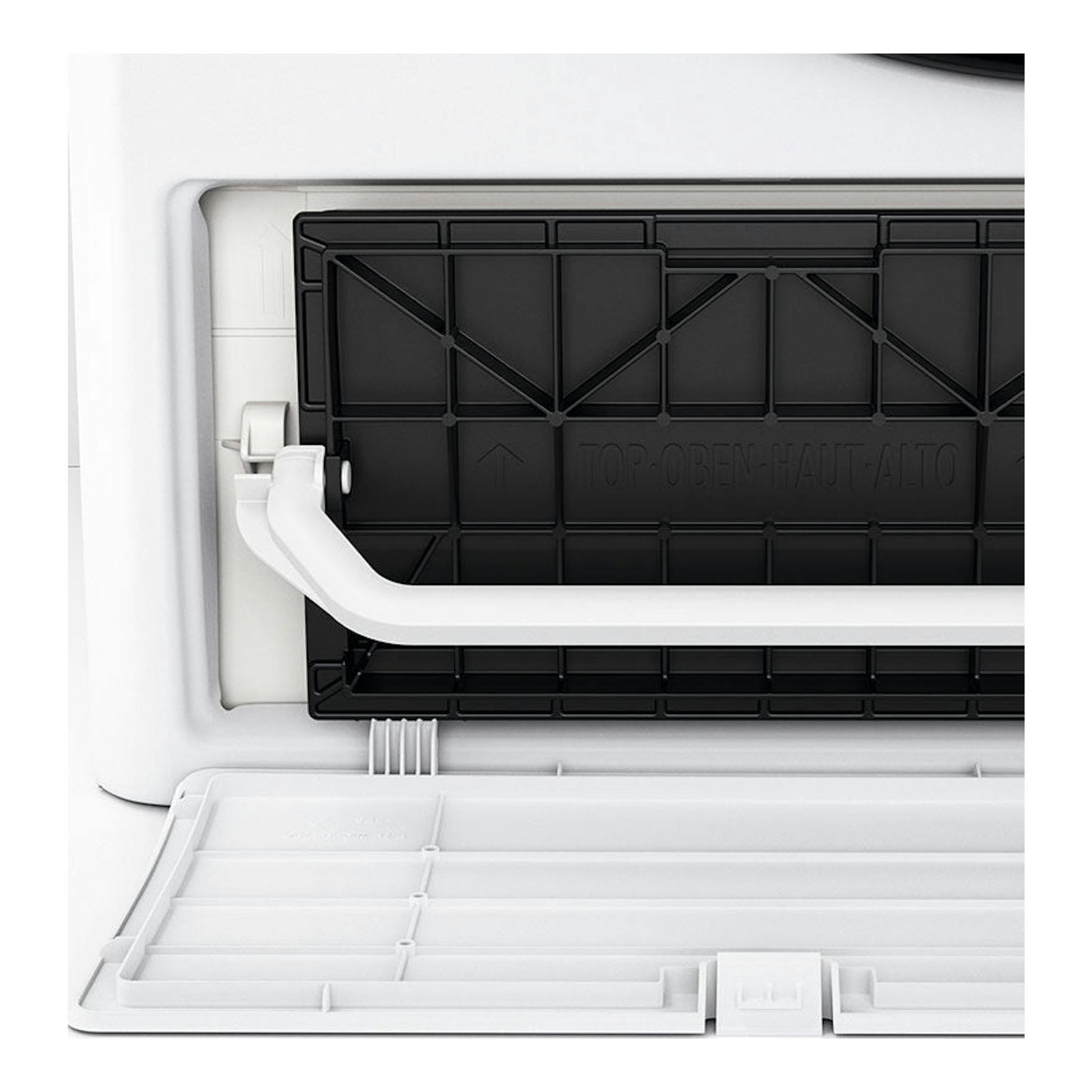 Secadora Whirlpool FFTM1182SPT blanca, primer plano frontal del filtro de pelusas abierto.