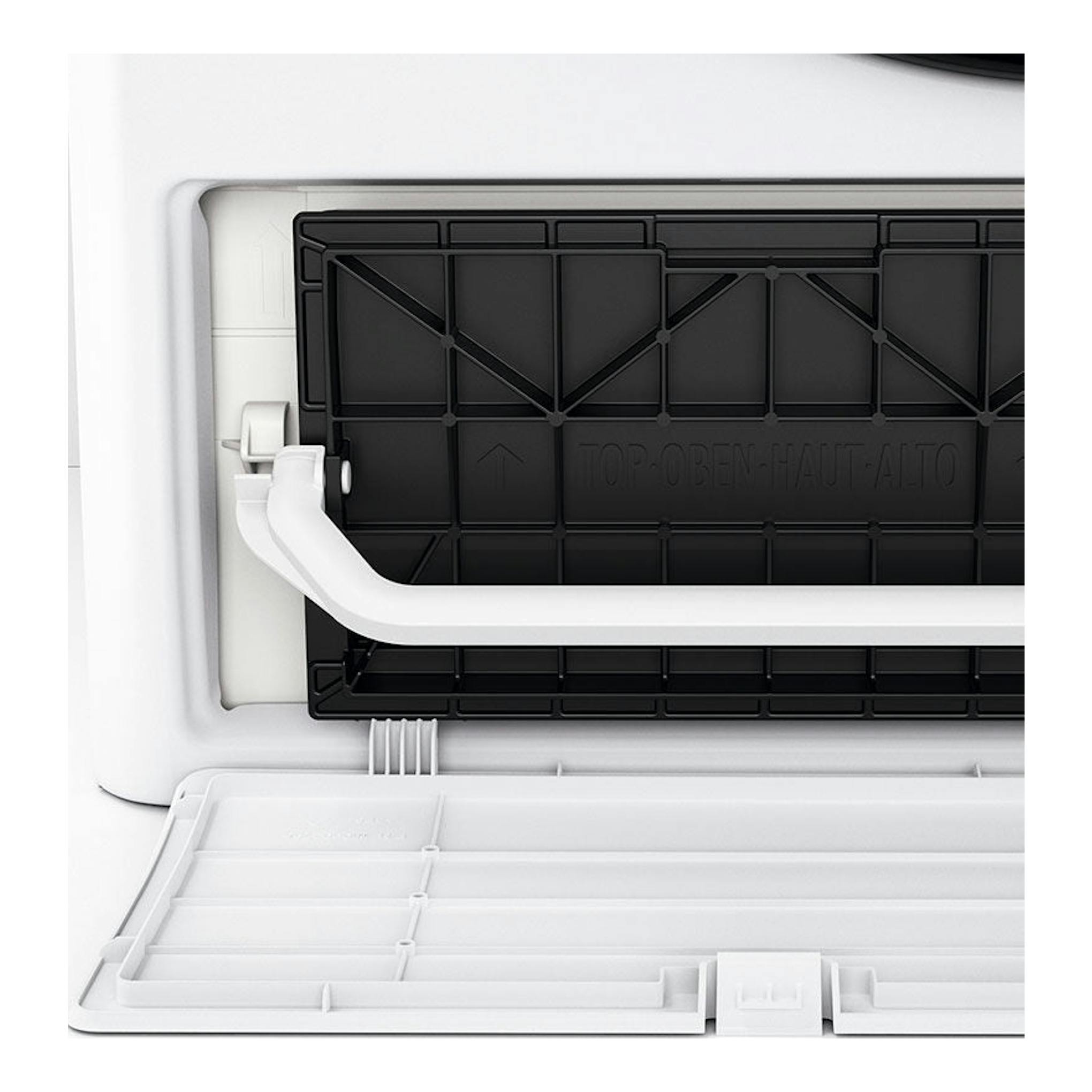Secadora Whirlpool FFTM1182SPT blanca, primer plano frontal del filtro de pelusas abierto.