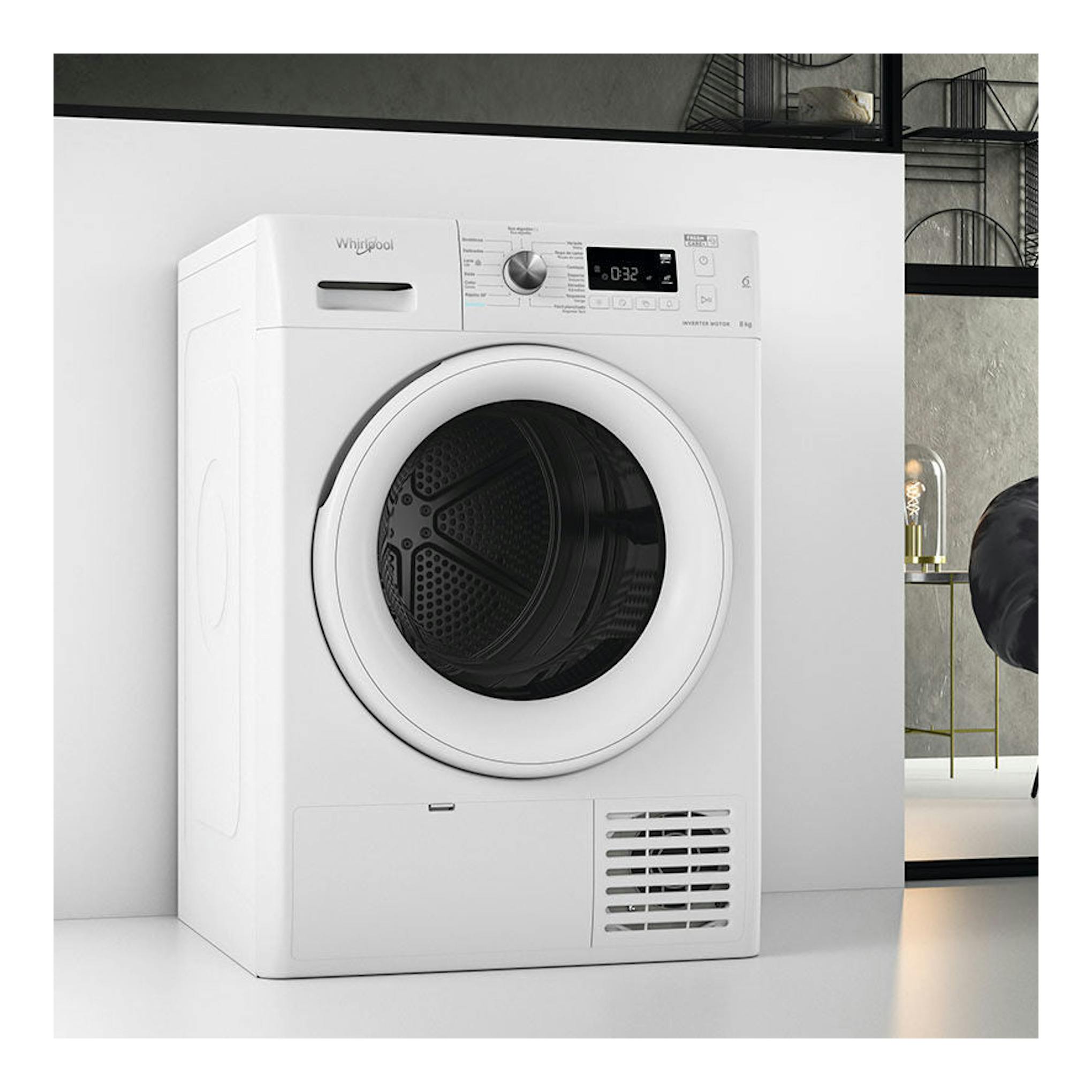 Secadora Whirlpool FFTM1182SPT blanca, vista frontal, con puerta redonda y panel digital.