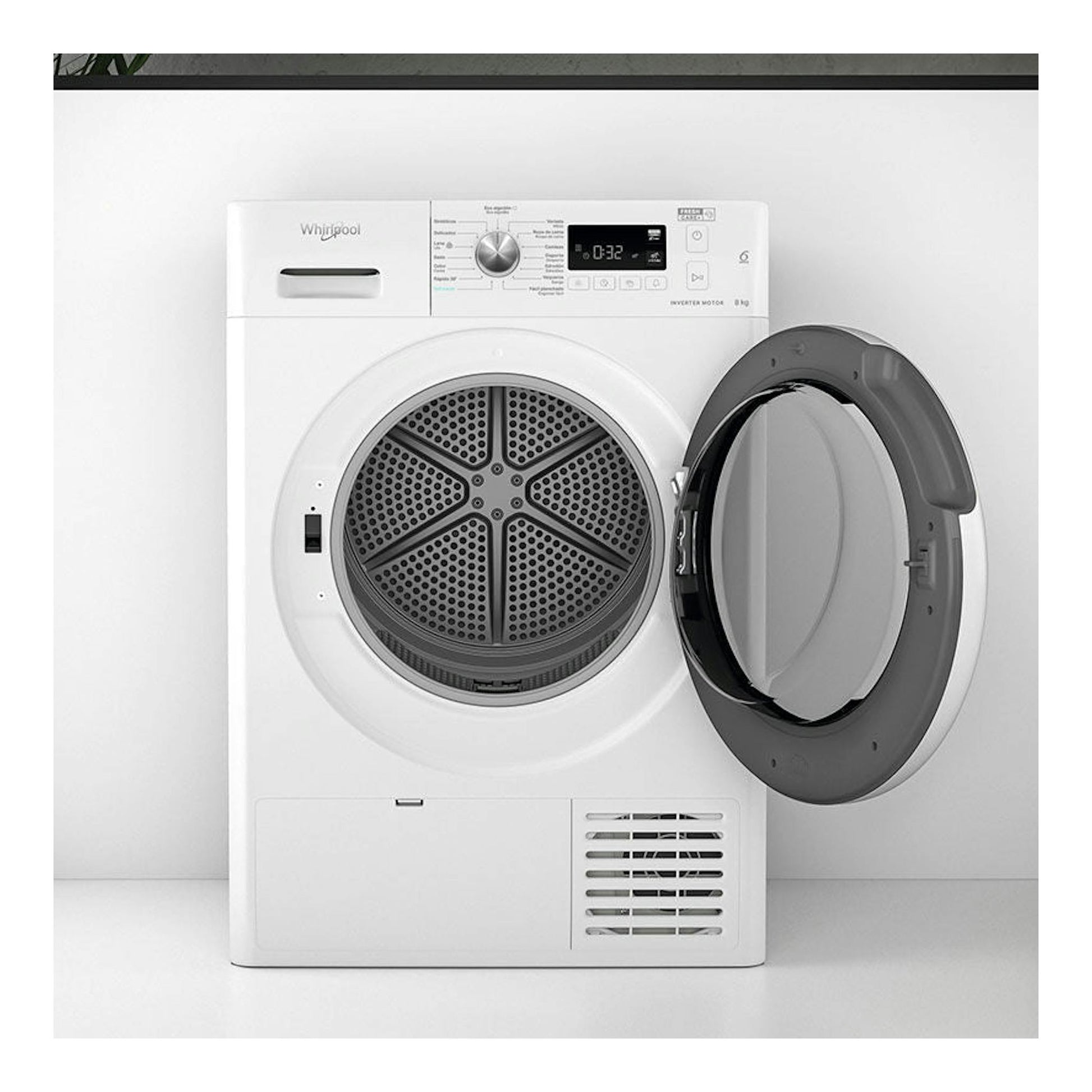 Secadora Whirlpool FFTM1182SPT blanca, vista frontal, con puerta abierta hacia la derecha y panel digital superior.