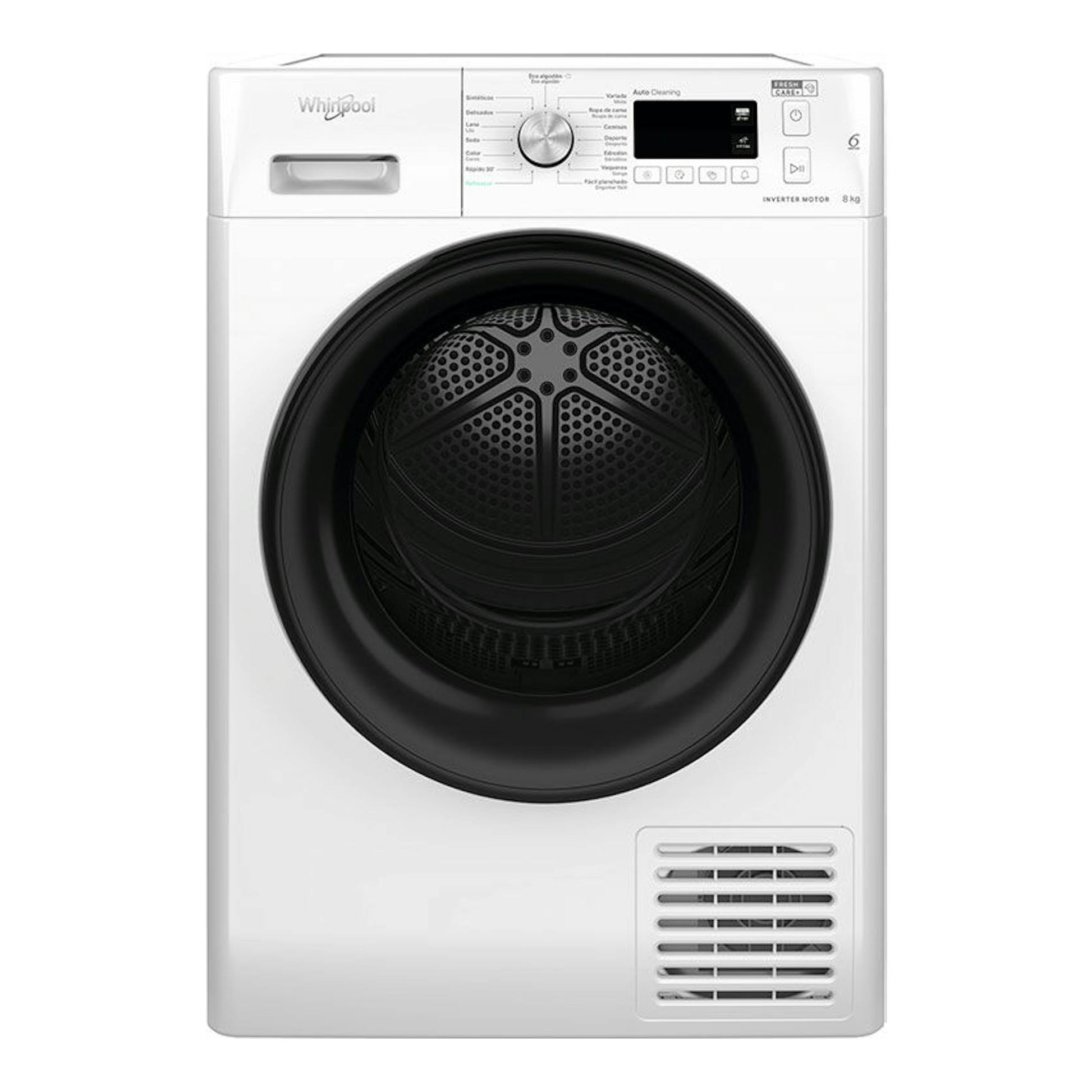 Secadora Whirlpool FFTM118X3BYSPT blanca, vista frontal, con puerta circular negra y panel superior.