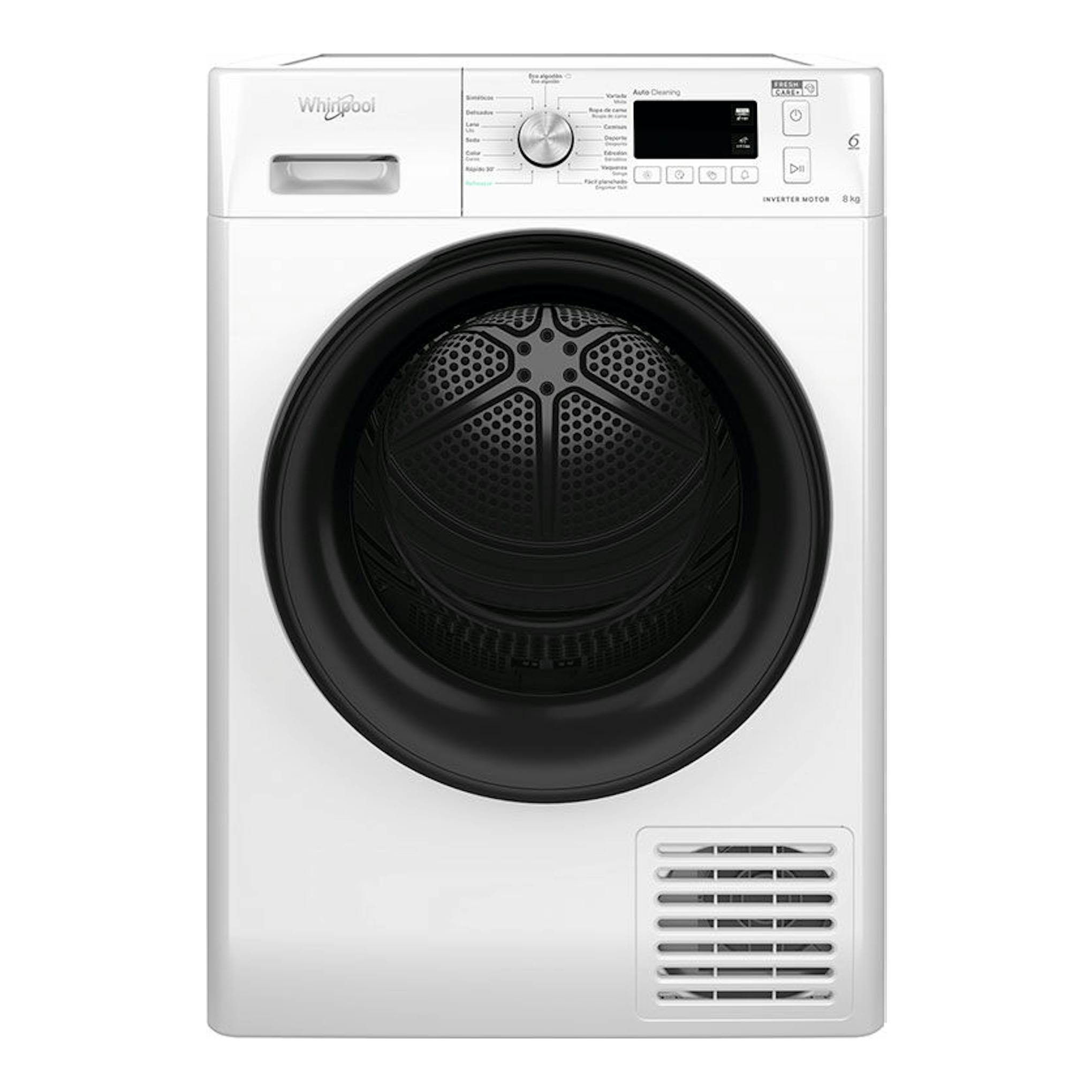 Secadora Whirlpool FFTM118X3BYSPT blanca, vista frontal, con puerta circular negra y panel superior.