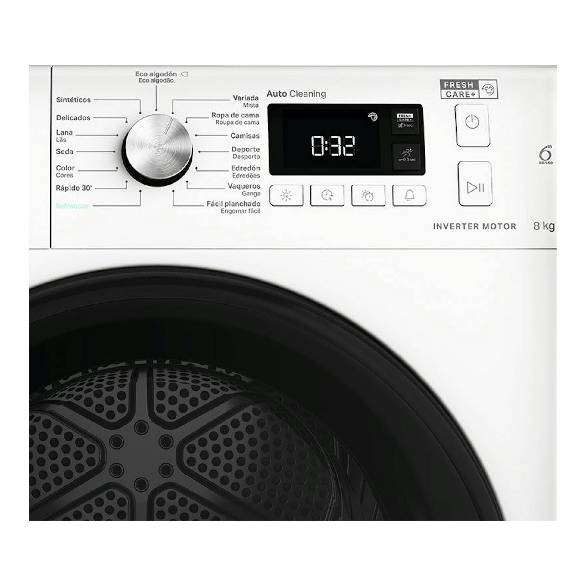 Vista frontal de secadora Whirlpool FFTM118X3BYSPT blanca, con selector, pantalla negra y puerta circular, 8 kg.