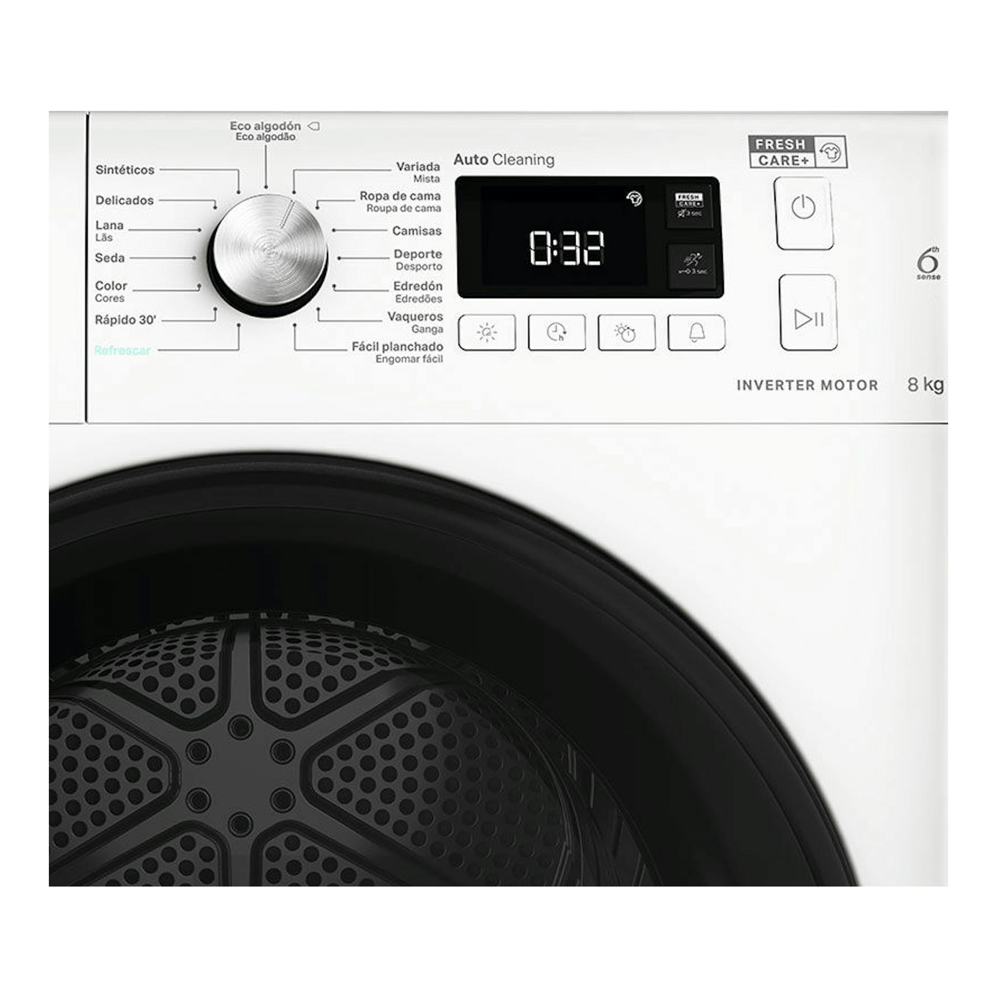Vista frontal de secadora Whirlpool FFTM118X3BYSPT blanca, con selector, pantalla negra y puerta circular, 8 kg.