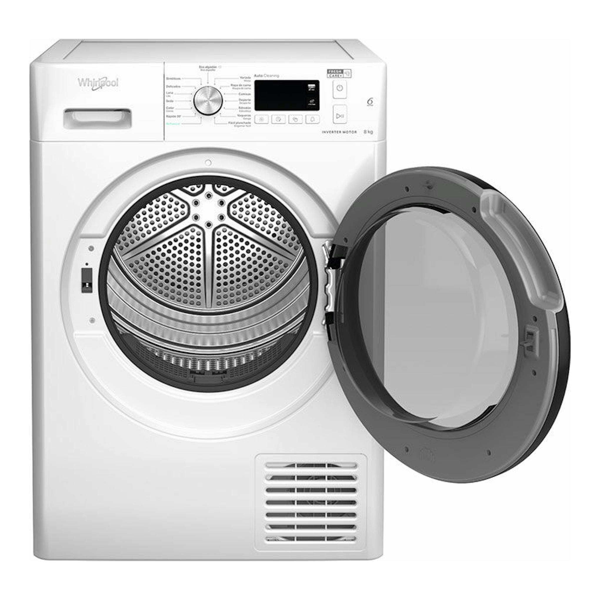 Secadora Whirlpool FFTM118X3BYSPT blanca, vista frontal, puerta redonda abierta y panel digital, 8 kg