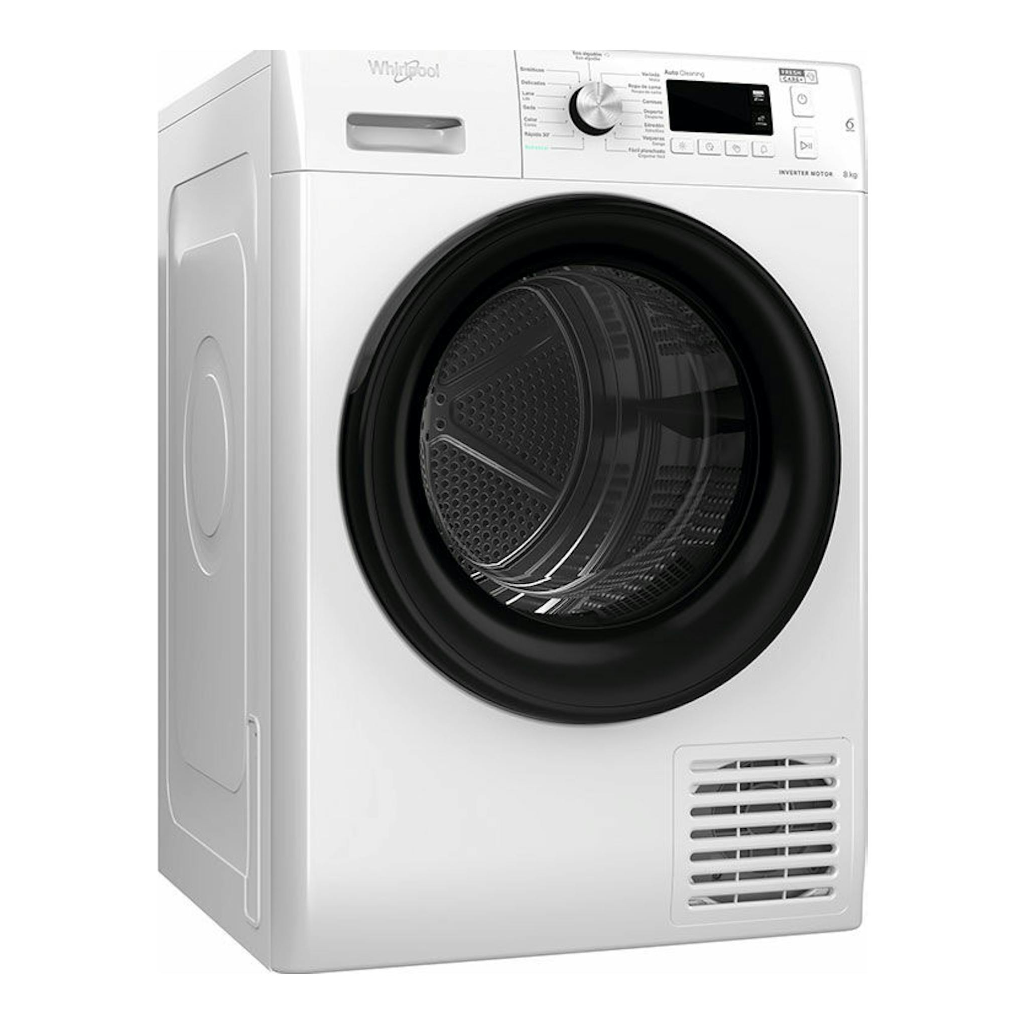 Secadora Whirlpool FFTM118X3BYSPT blanca, vista frontal en ángulo, con puerta circular negra y panel superior.