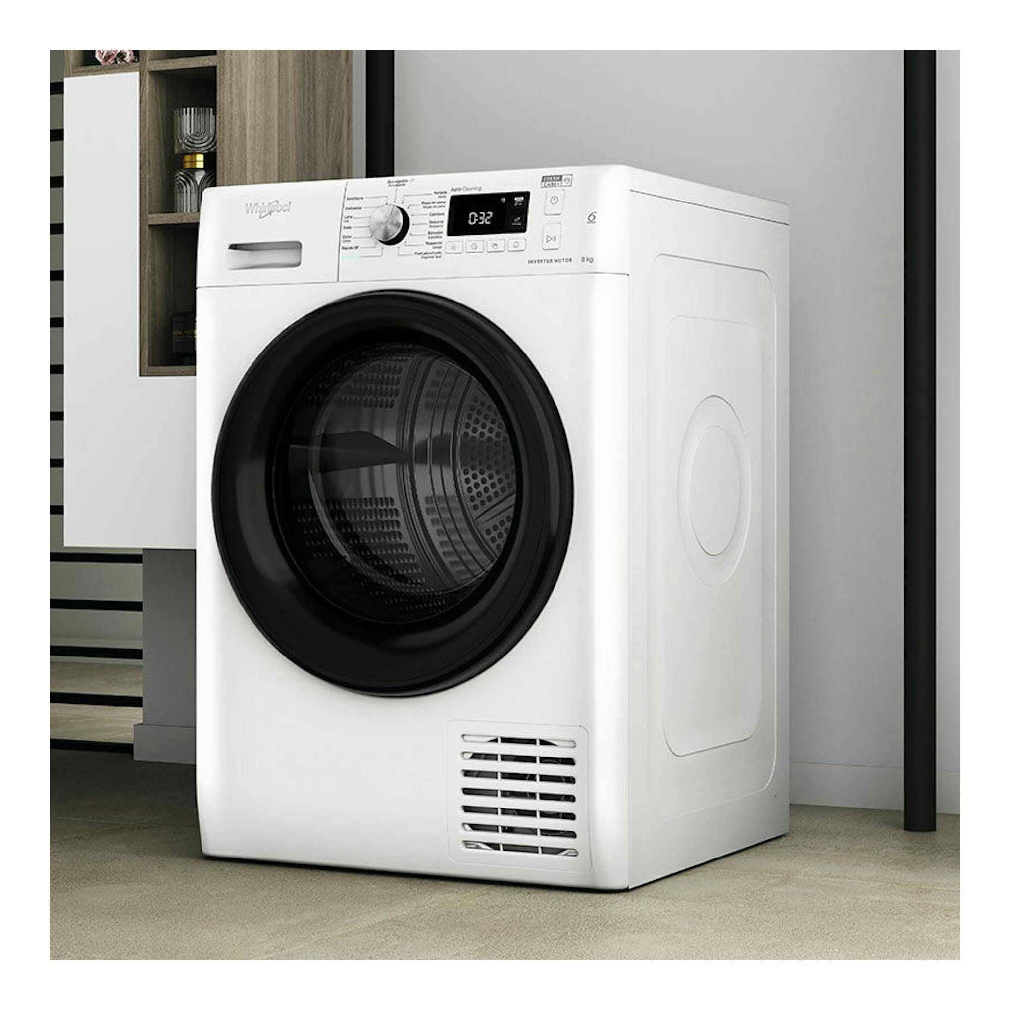 Secadora Whirlpool FFTM118X3BYSPT blanca, vista frontal, con puerta negra circular y panel superior.