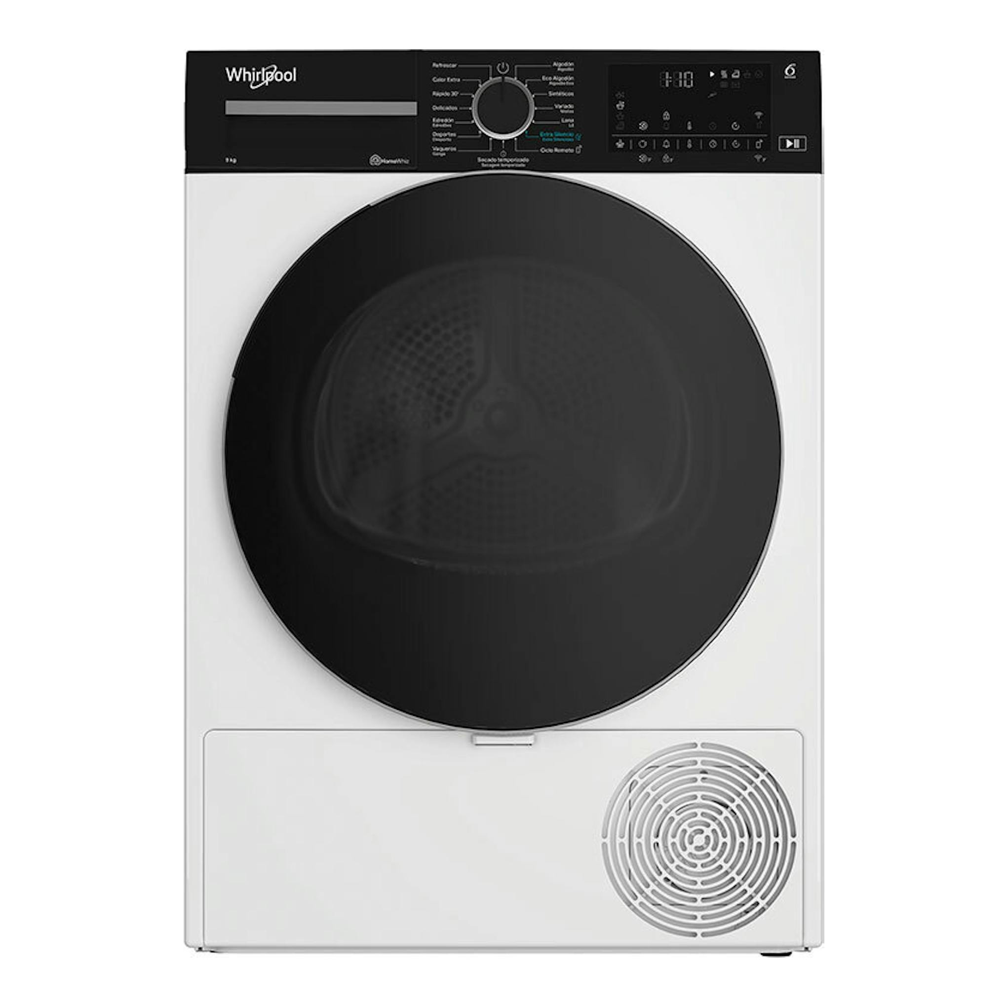 Secadora Whirlpool CWD94MWBSSPT 9 kg, vista frontal, blanca con puerta circular negra y panel superior negro.