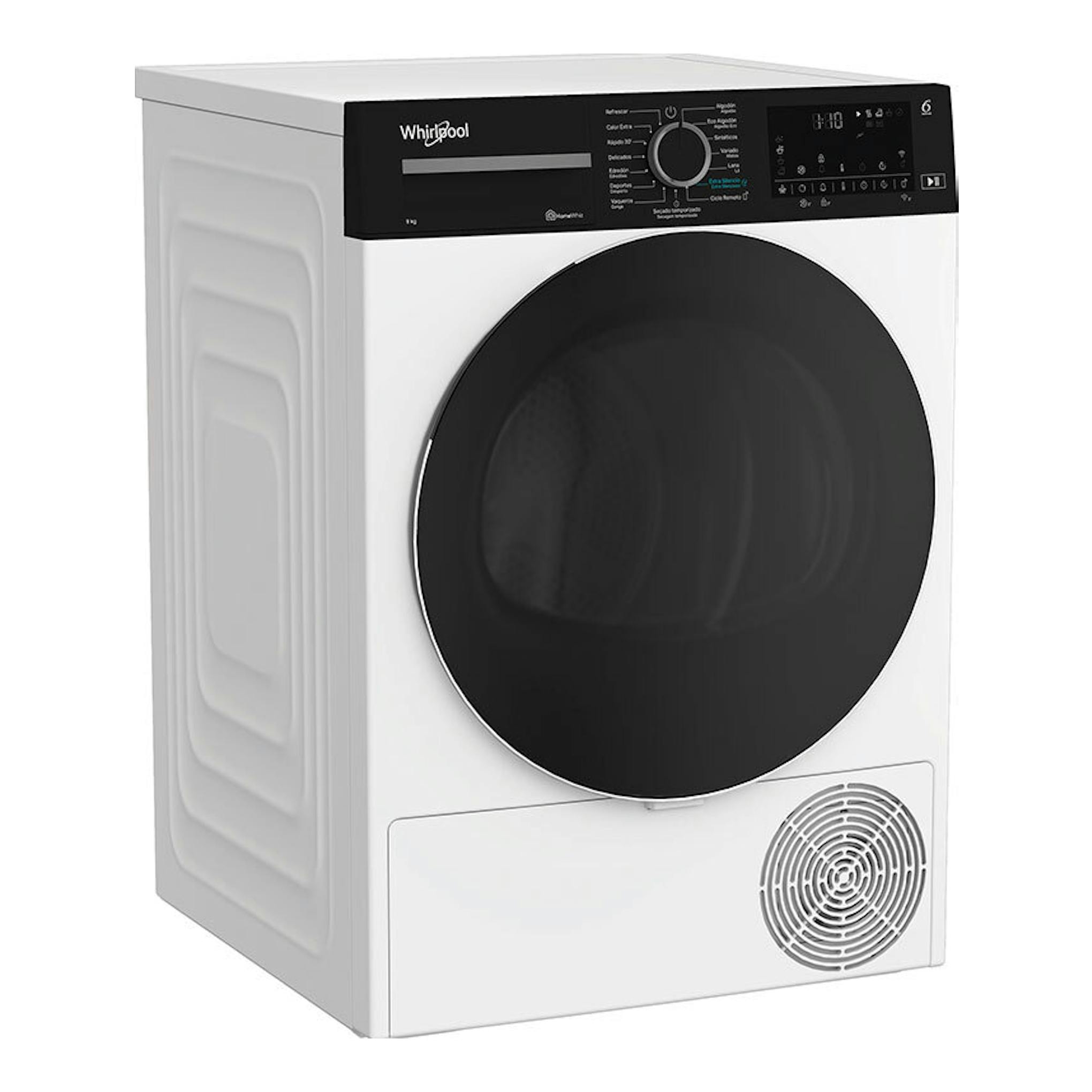 Secadora Whirlpool CWD94MWBSSPT blanca, vista frontal en ángulo, con puerta negra y panel digital superior.