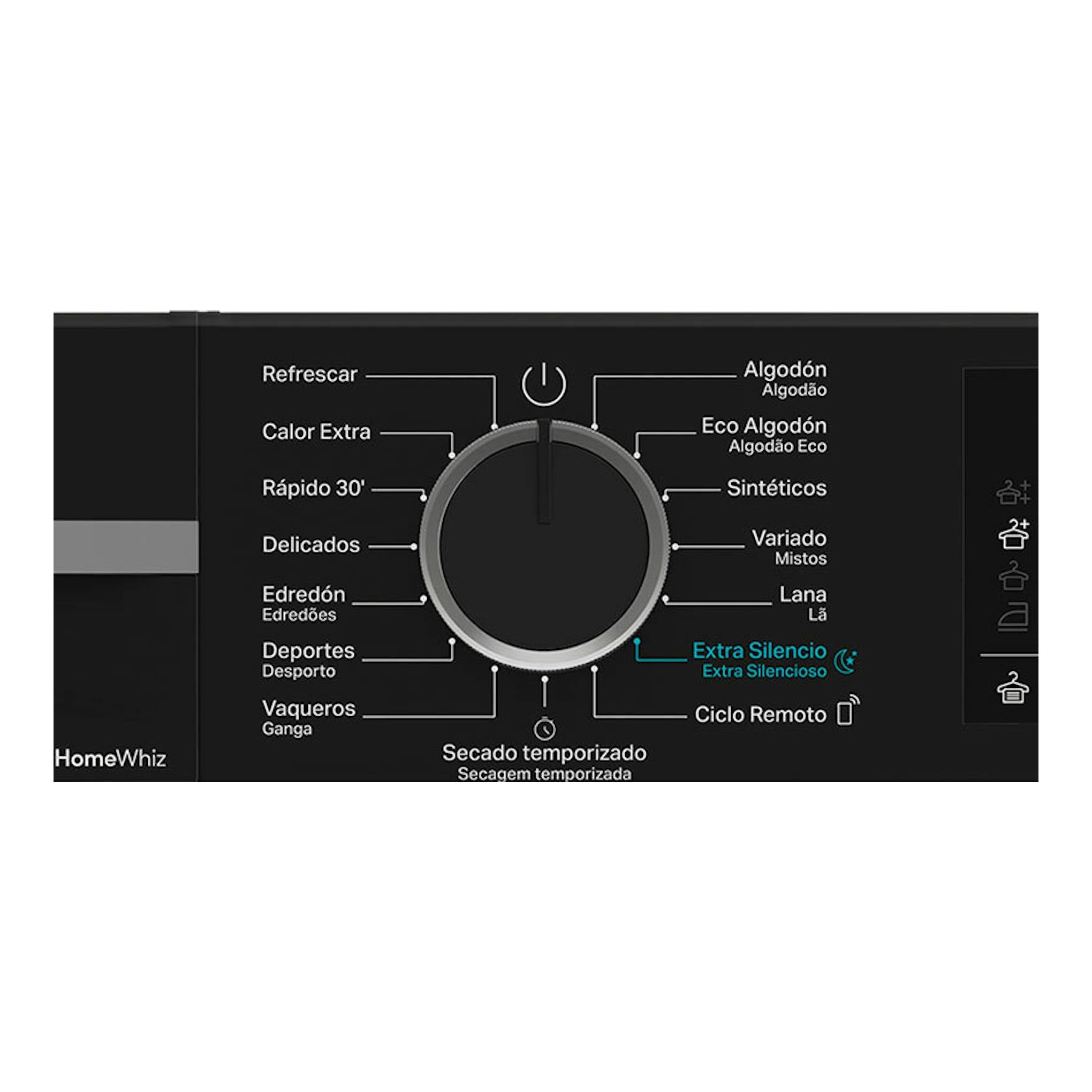 Secadora Whirlpool CWD94MWBSSPT, panel frontal negro con selector central y programas de secado visibles.
