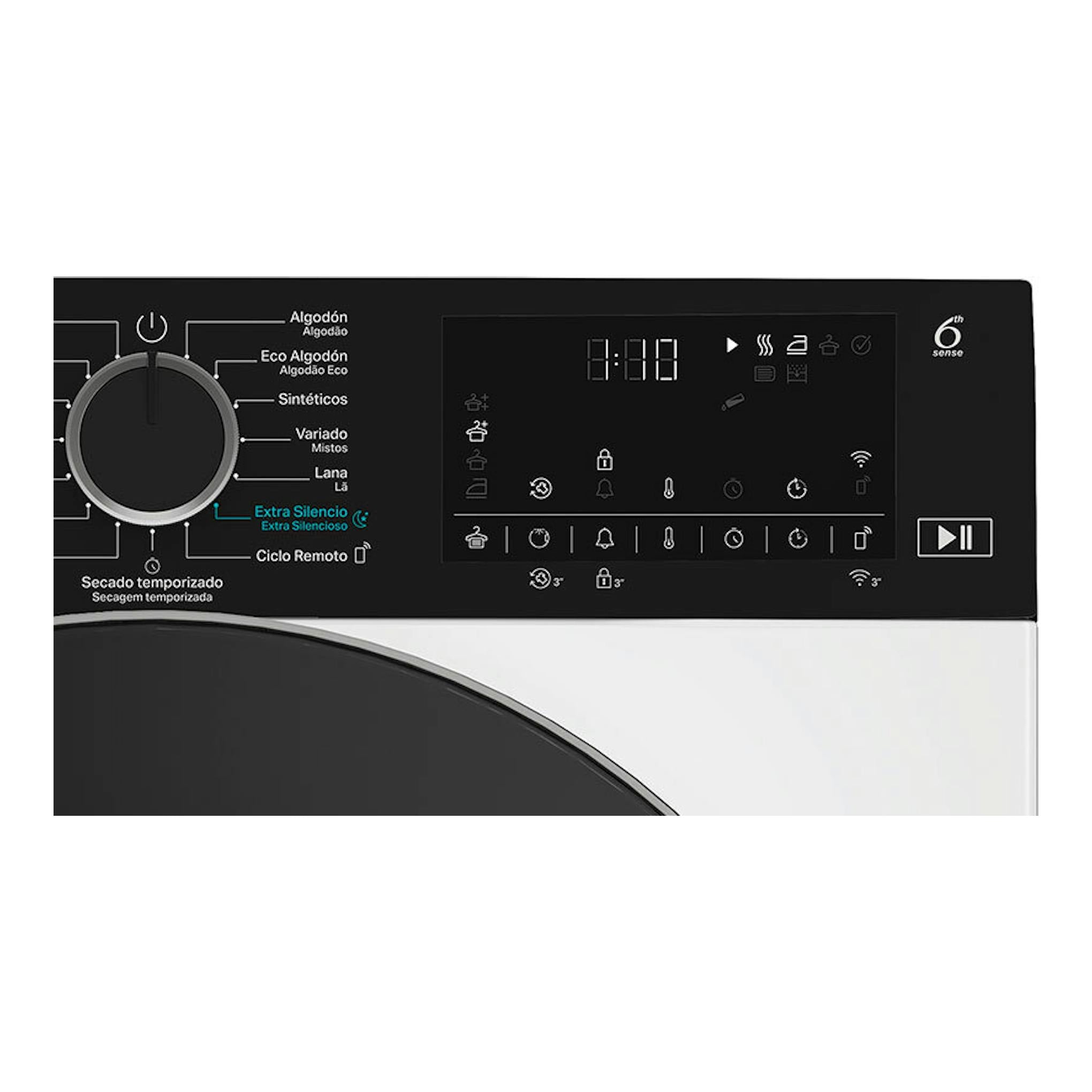 Panel frontal de secadora Whirlpool CWD94MWBSSPT en blanco y negro, con perilla y display digital.