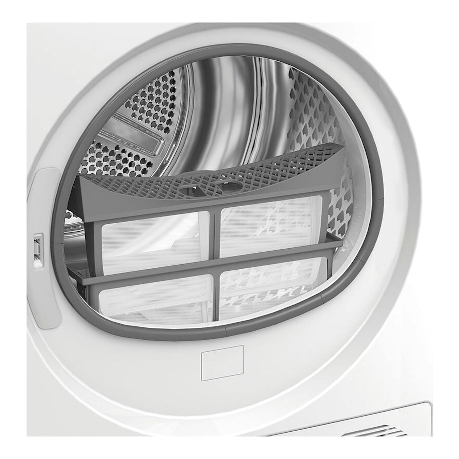 Secadora Whirlpool CWD94MWBSSPT blanca, vista frontal de la puerta abierta con filtro de pelusas.