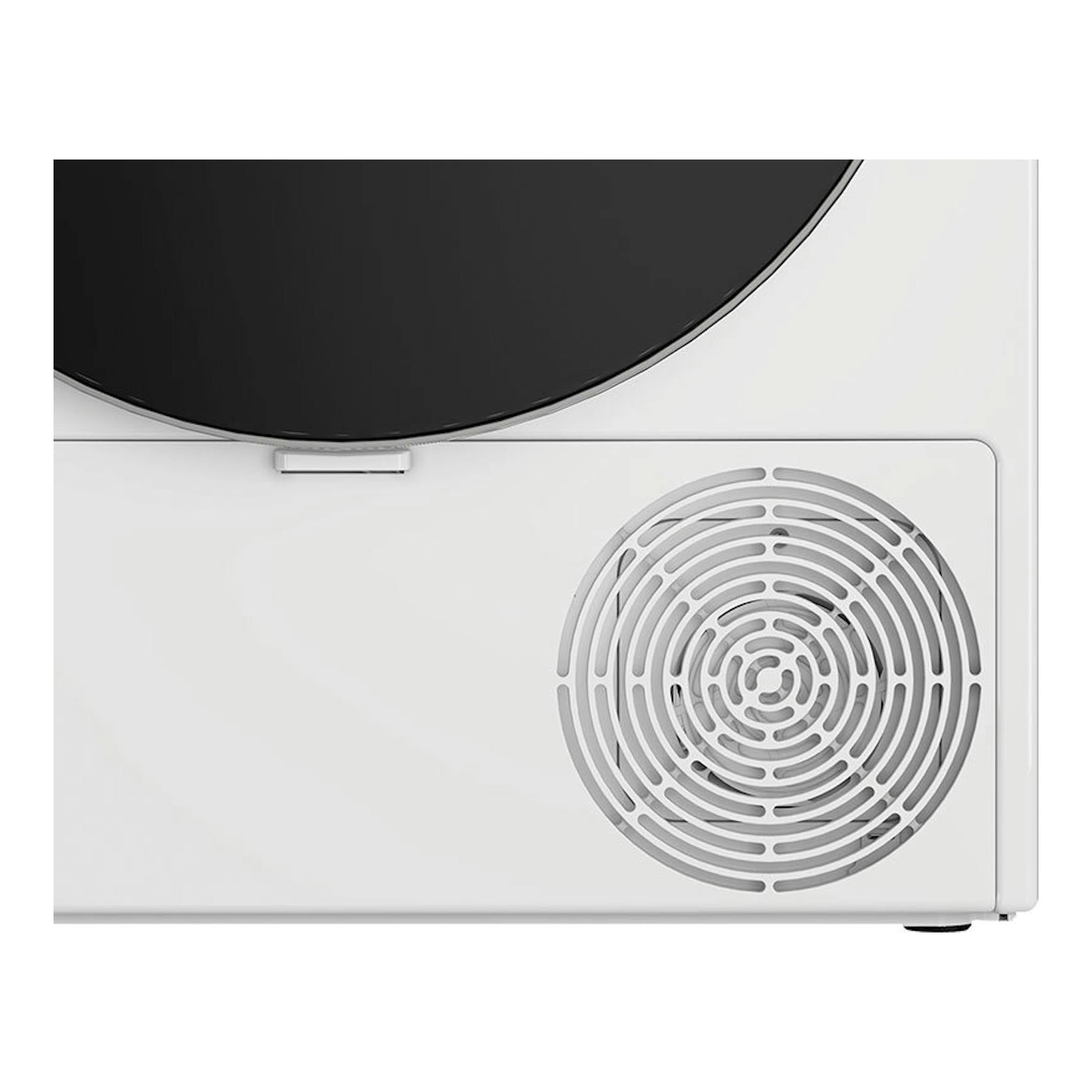 Secadora Whirlpool CWD94MWBSSPT blanca, vista parcial frontal con puerta negra y rejilla circular lateral.