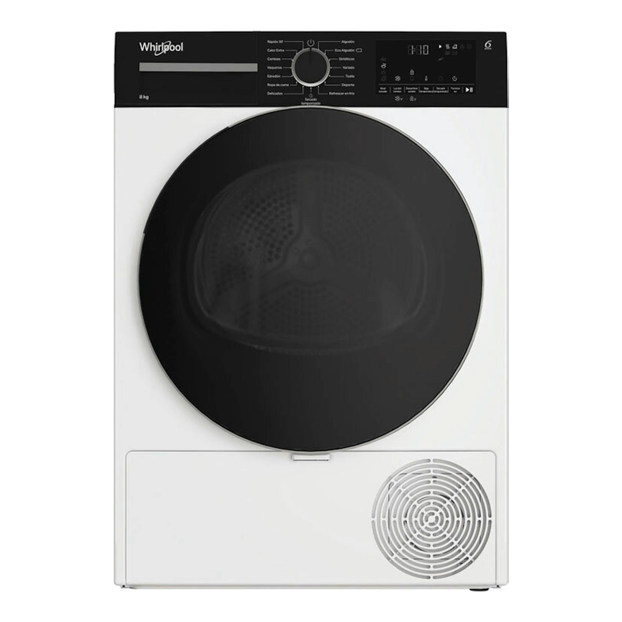 Secadora Whirlpool CWSD83MWBSES de 8 kg, vista frontal, blanca con puerta circular negra y panel superior.