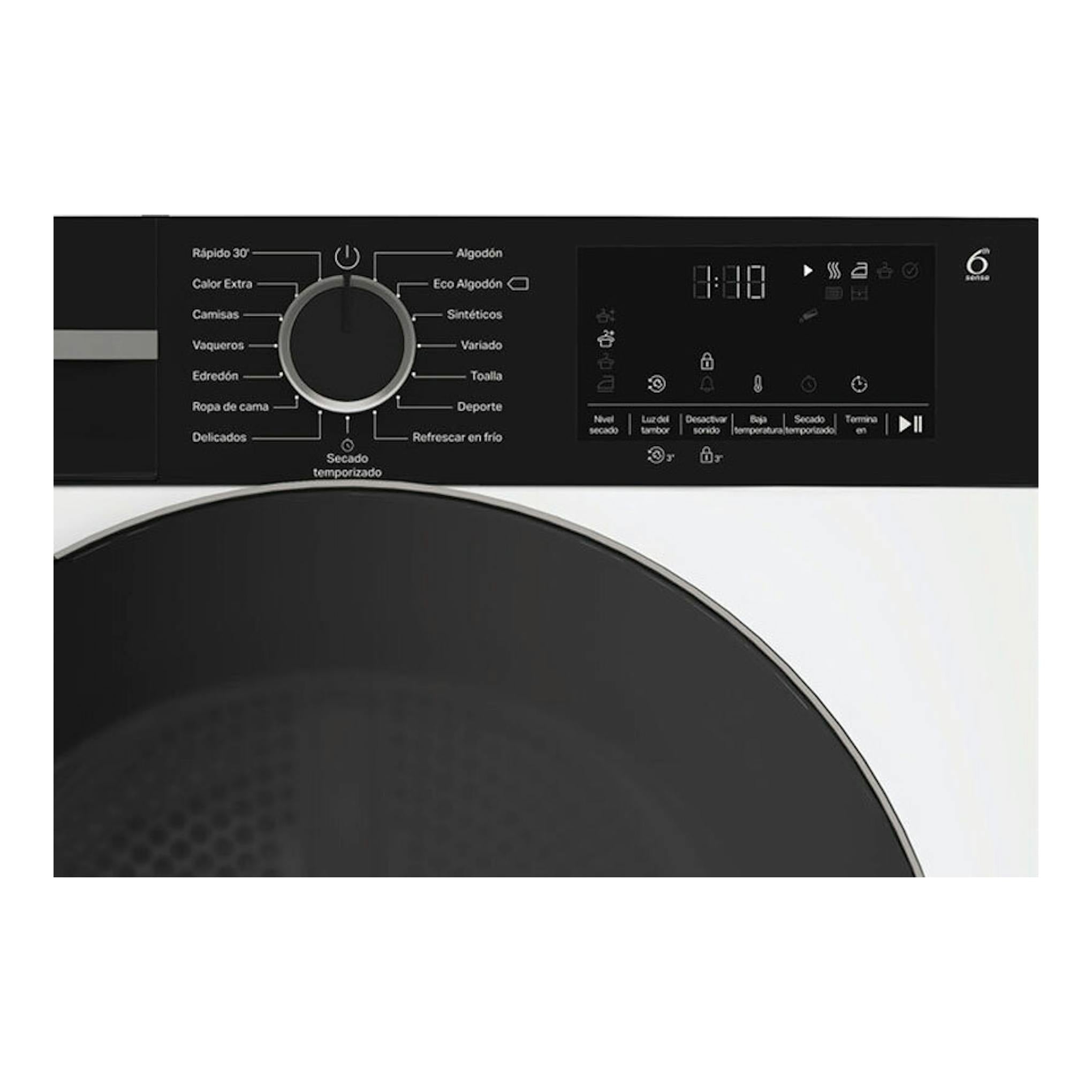 Secadora Whirlpool CWSD83MWBSES negra, vista frontal del panel con perilla central y display digital.