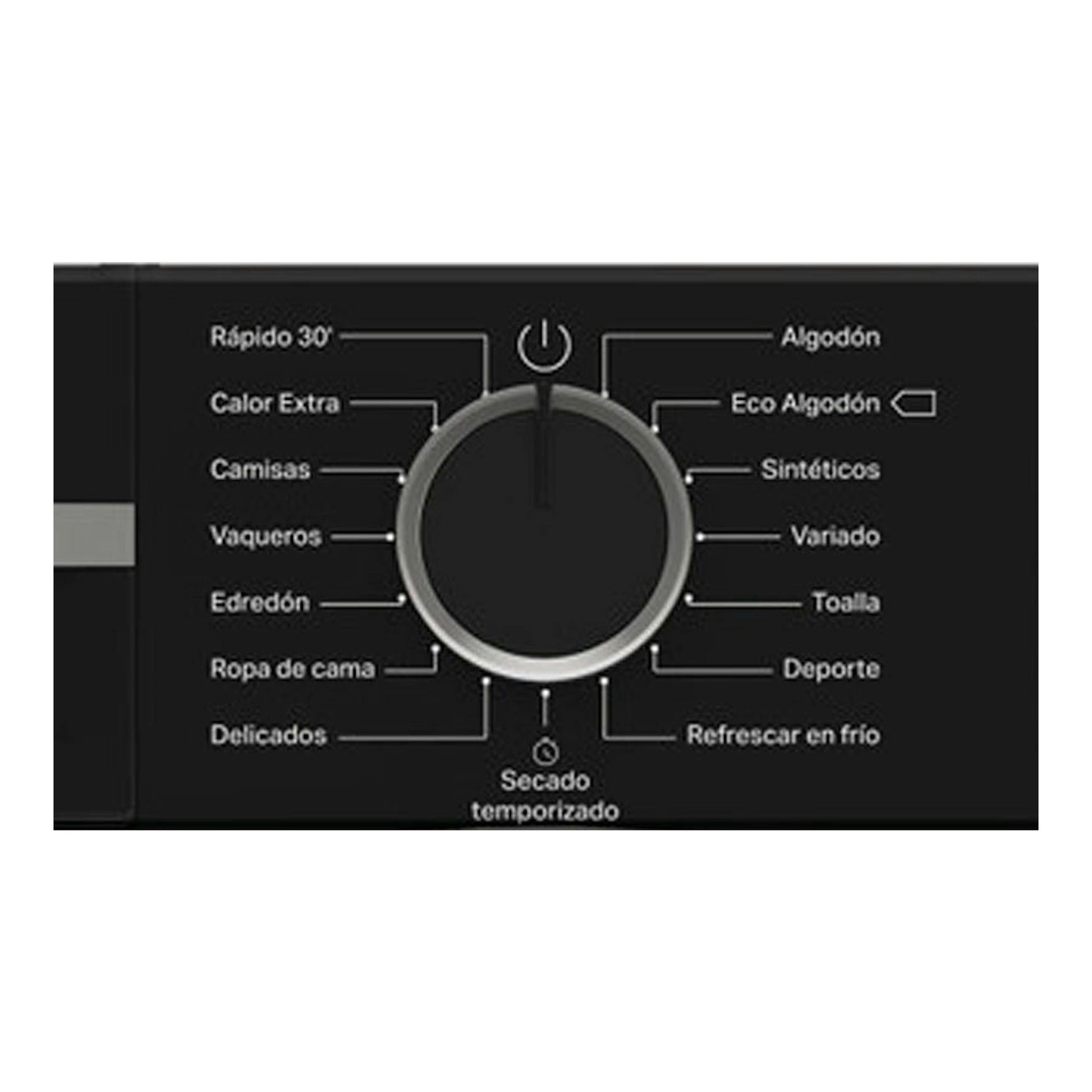 Secadora Whirlpool CWSD83MWBSES negra, primer plano del selector de programas y panel frontal.