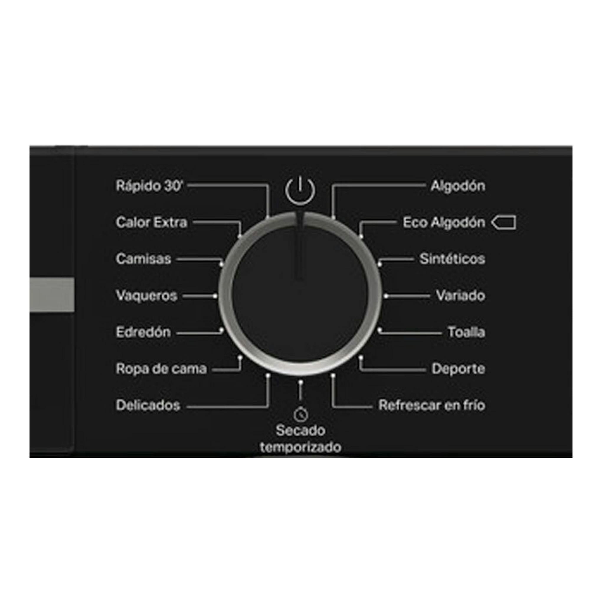 Secadora Whirlpool CWSD83MWBSES negra, primer plano del selector de programas y panel frontal.