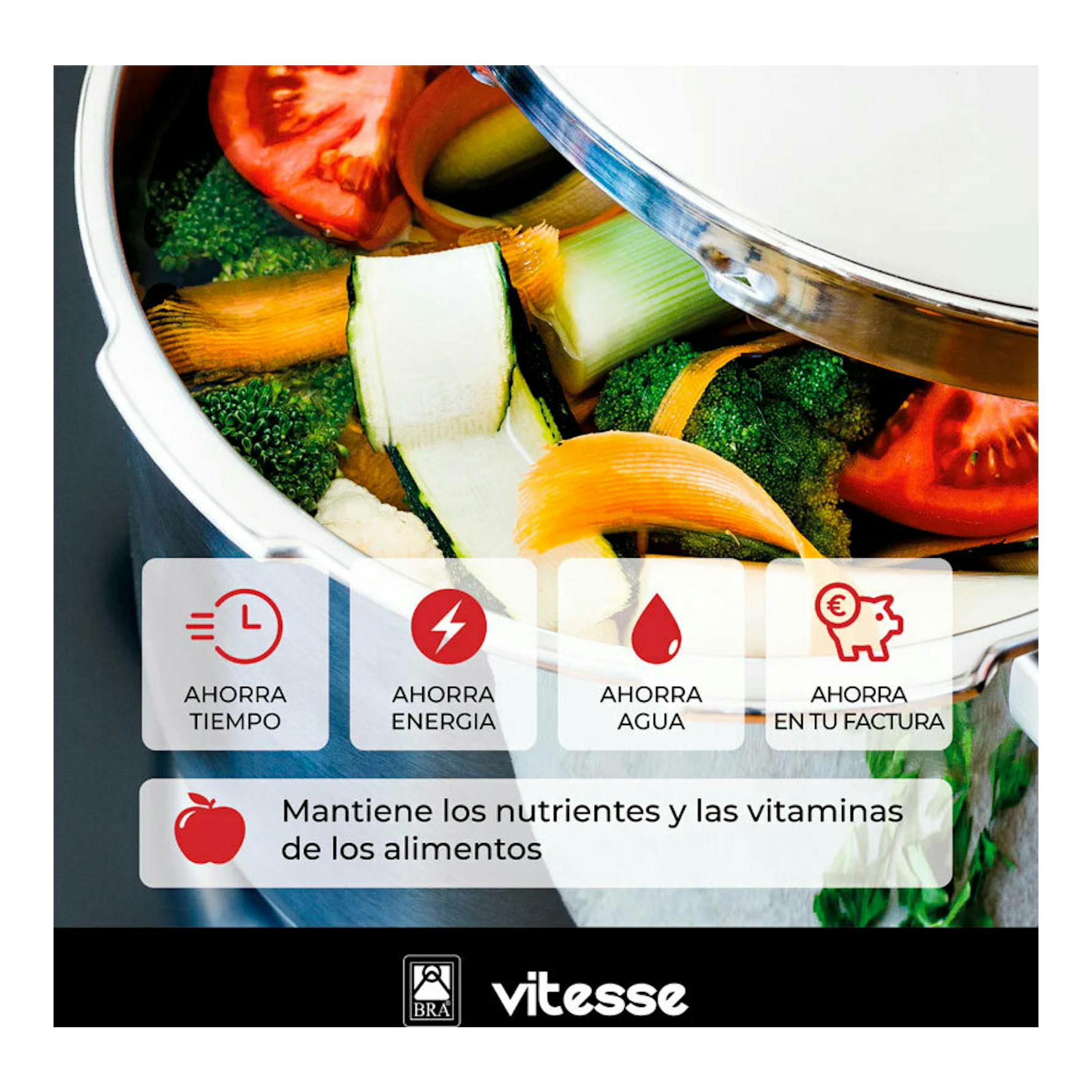 Olla a presión Bra Vitesse abierta con verduras, vista cenital.