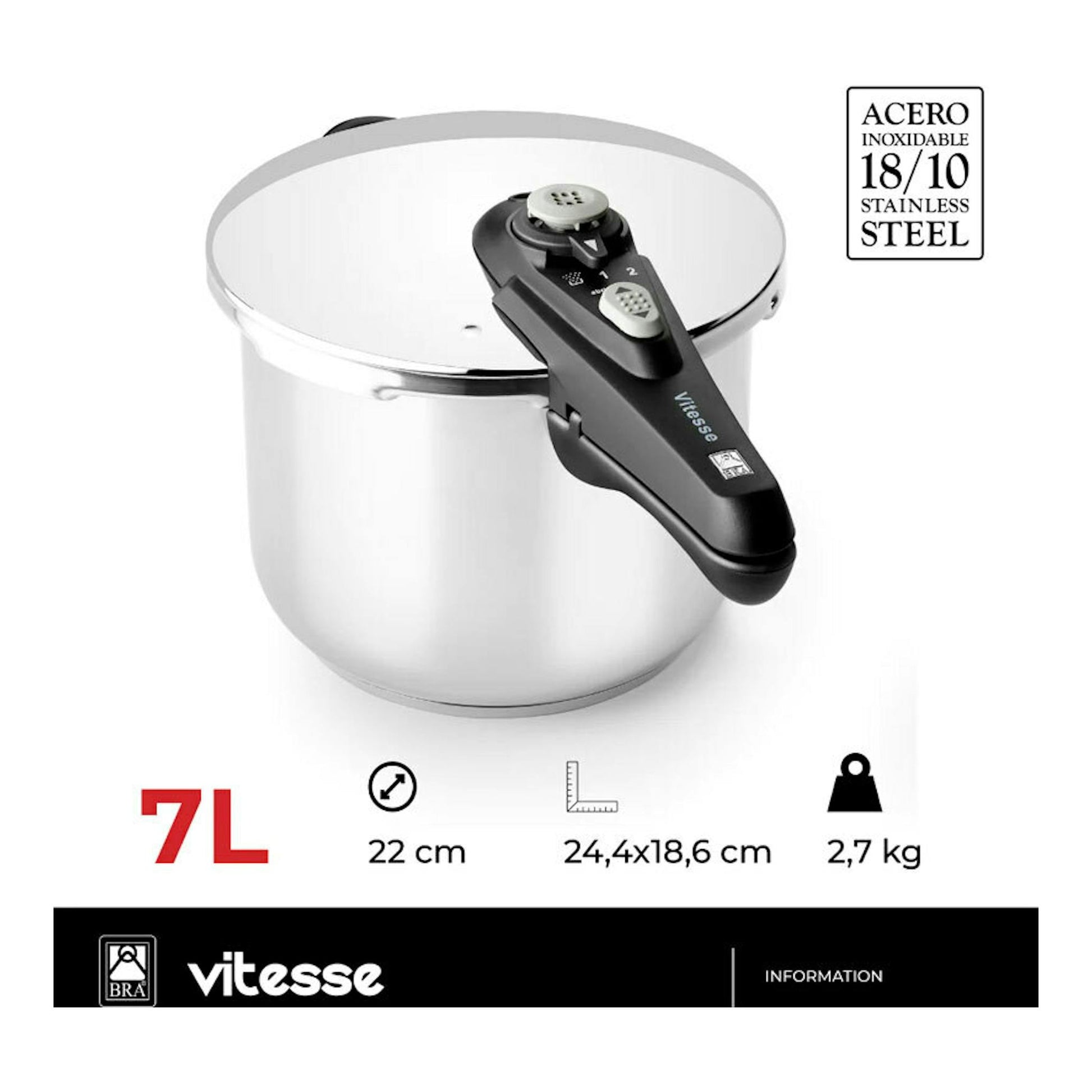 Olla a presión Bra Vitesse de acero inoxidable 18/10, vista frontal, con tapa y mango negro, 7 L.