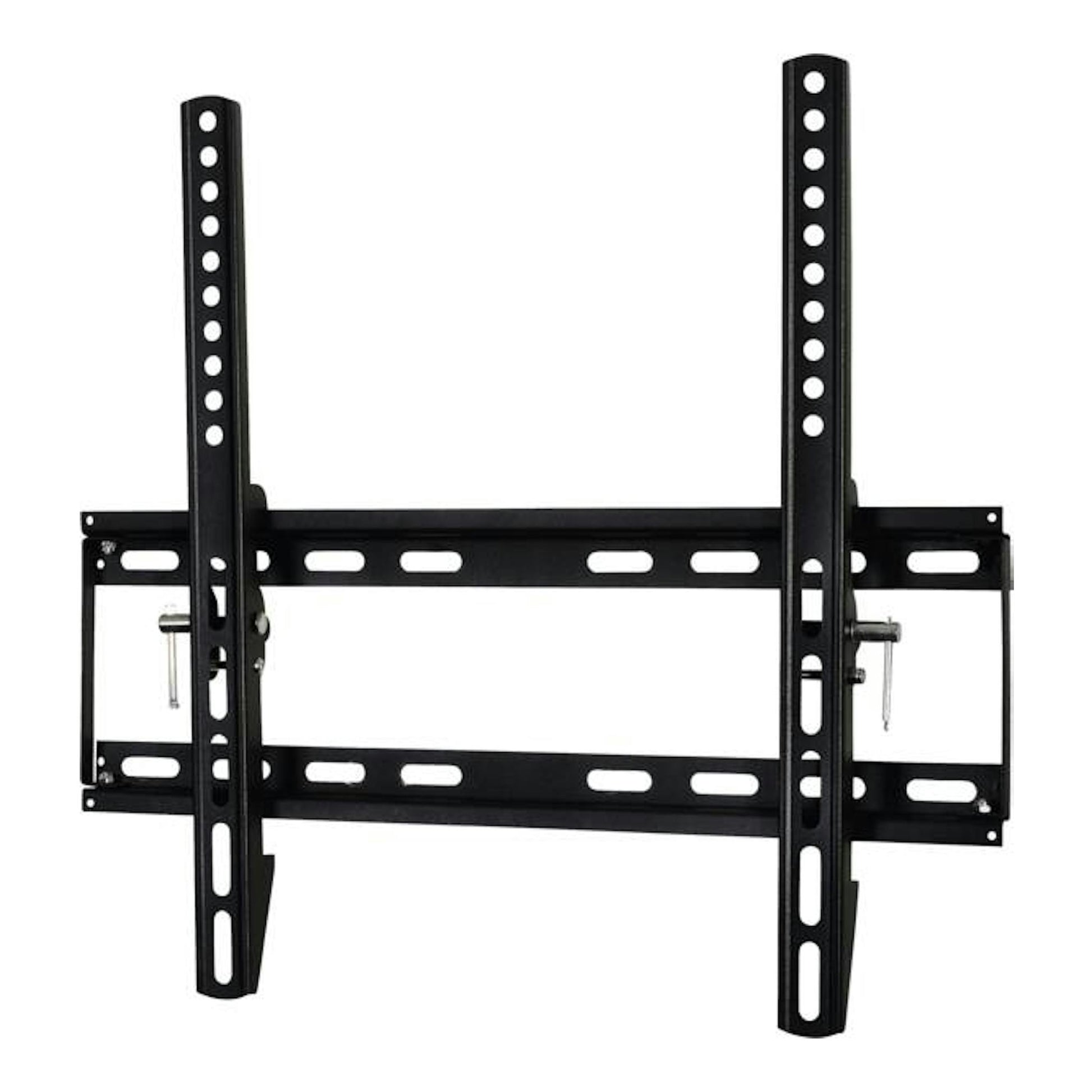 Soporte TV inclinable negro Vivanco WTP 410, vista frontal, con brazos verticales y placa de pared.