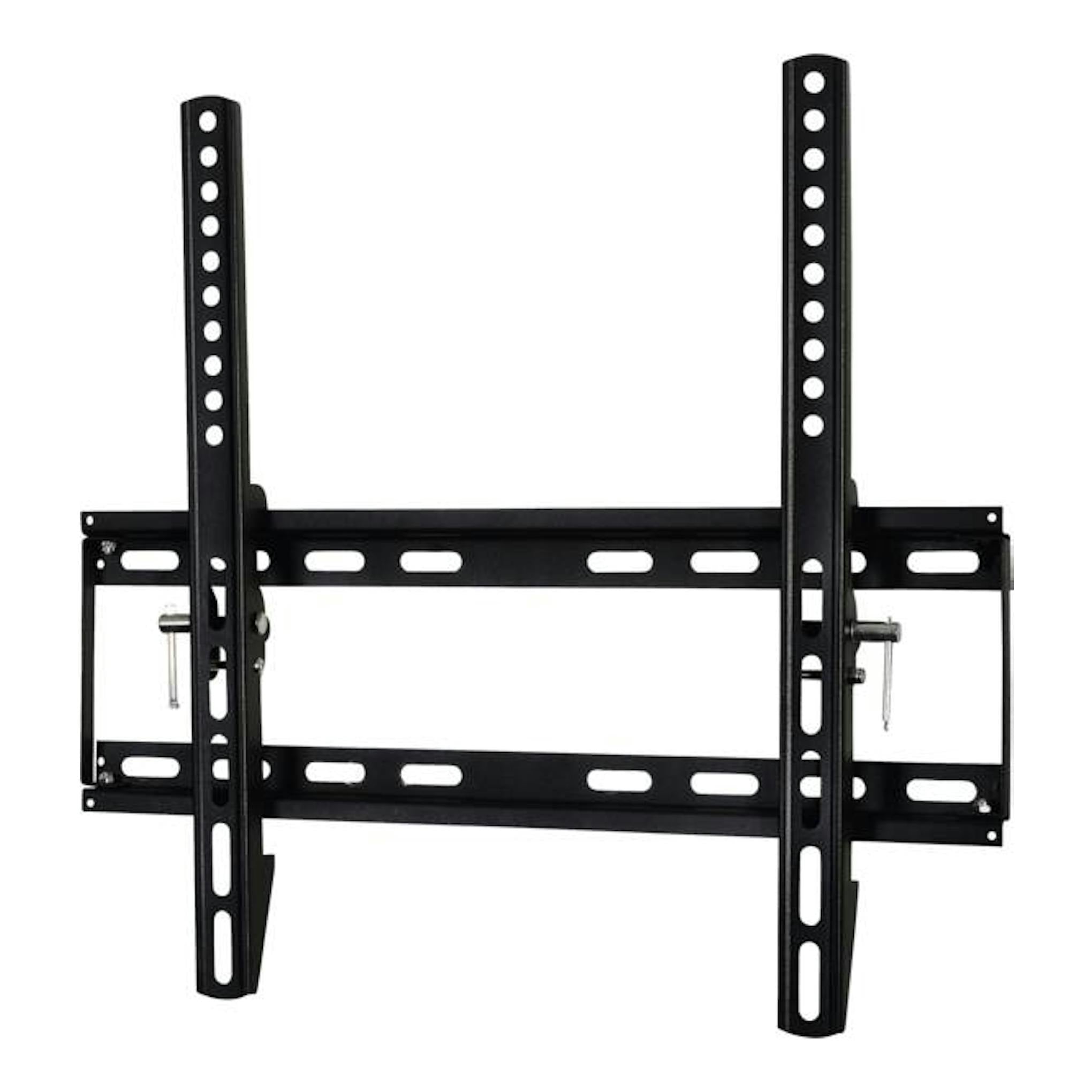 Soporte TV inclinable negro Vivanco WTP 410, vista frontal, con brazos verticales y placa de pared.