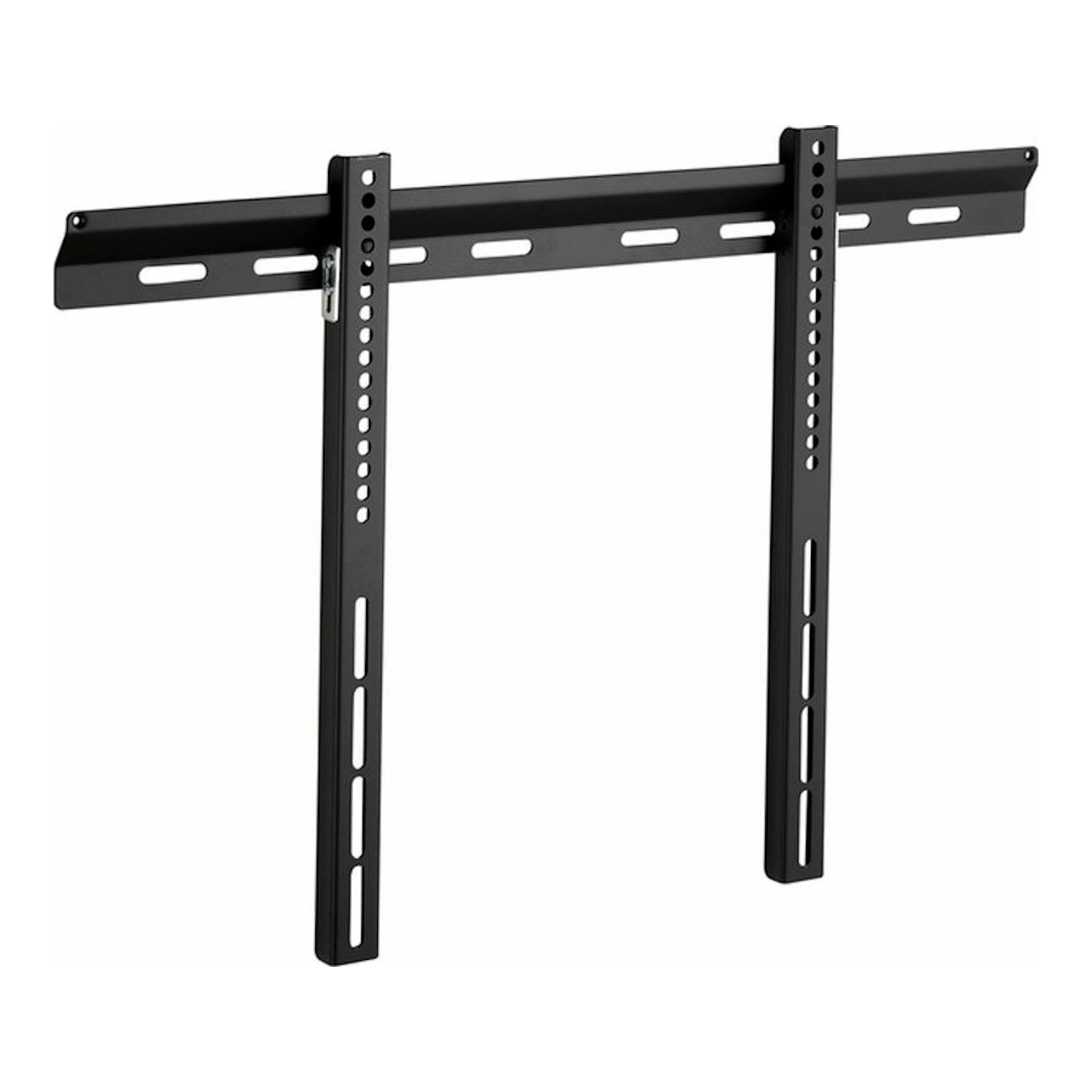 Soporte de pared para TV Vivanco BFI 6060, negro, vista frontal de soporte metálico con dos rieles verticales.
