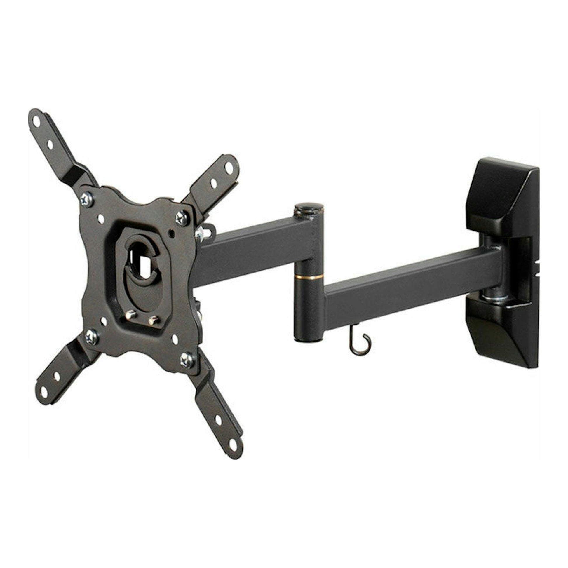 Soporte de TV Vivanco BFMO 6020 negro, vista frontal y lateral, brazo articulado para pared.