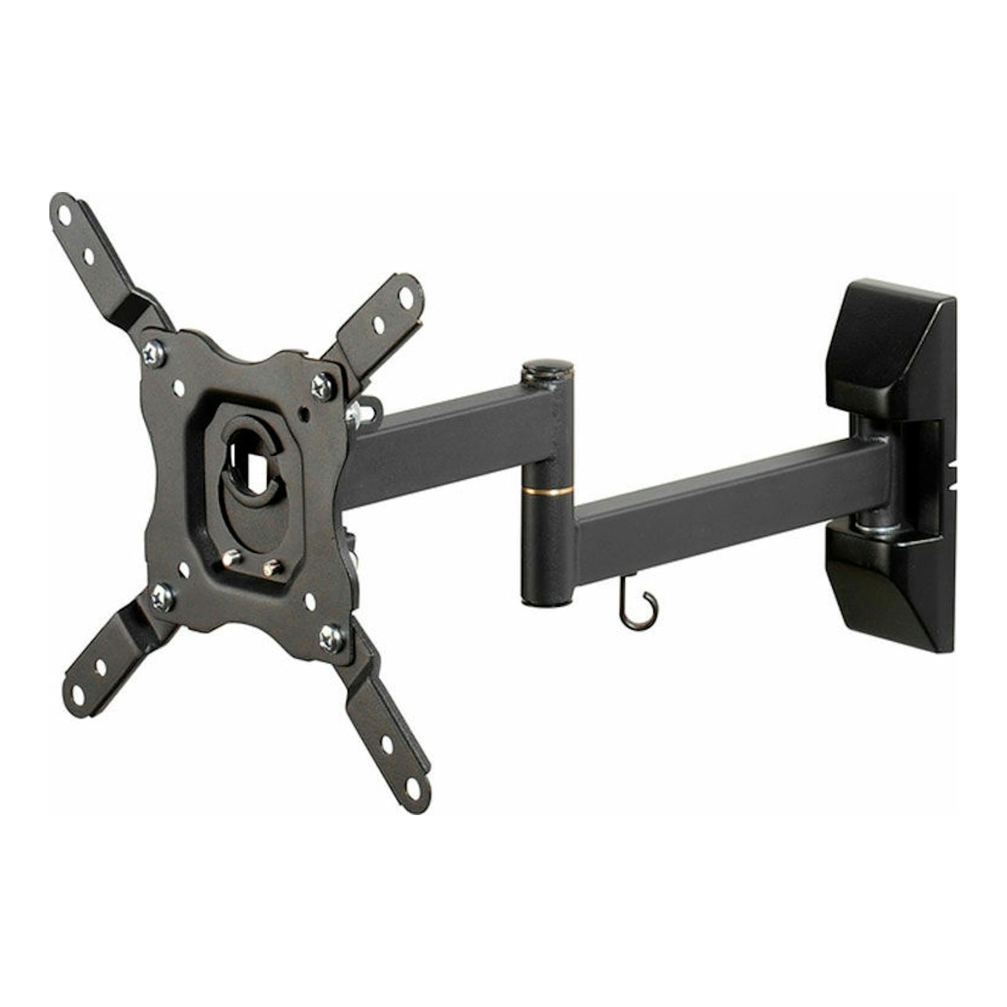 Soporte de TV Vivanco BFMO 6020 negro, vista frontal y lateral, brazo articulado para pared.