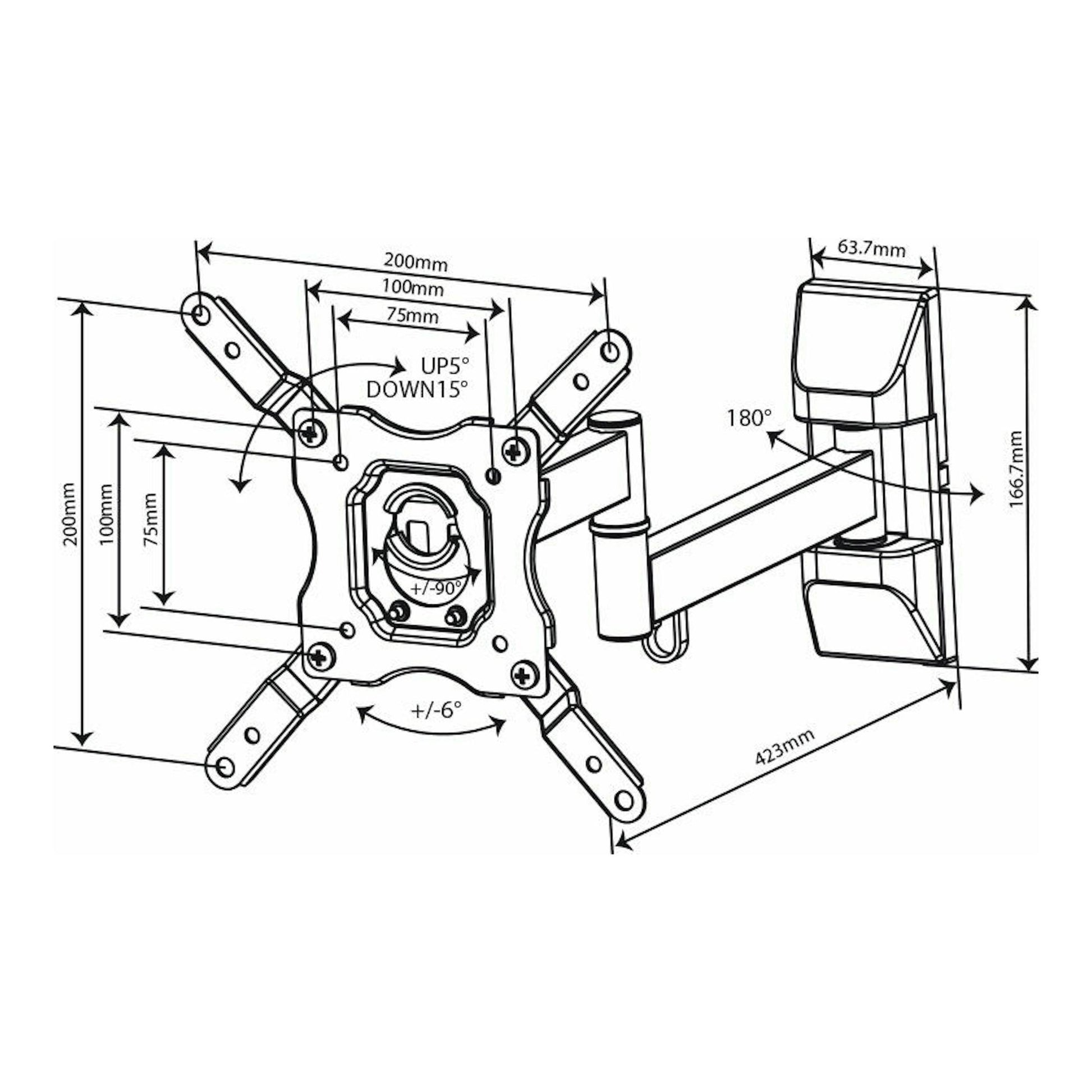 Esquema técnico del soporte TV Vivanco BFMO 6020, vista frontal y lateral, con brazo articulado y medidas.