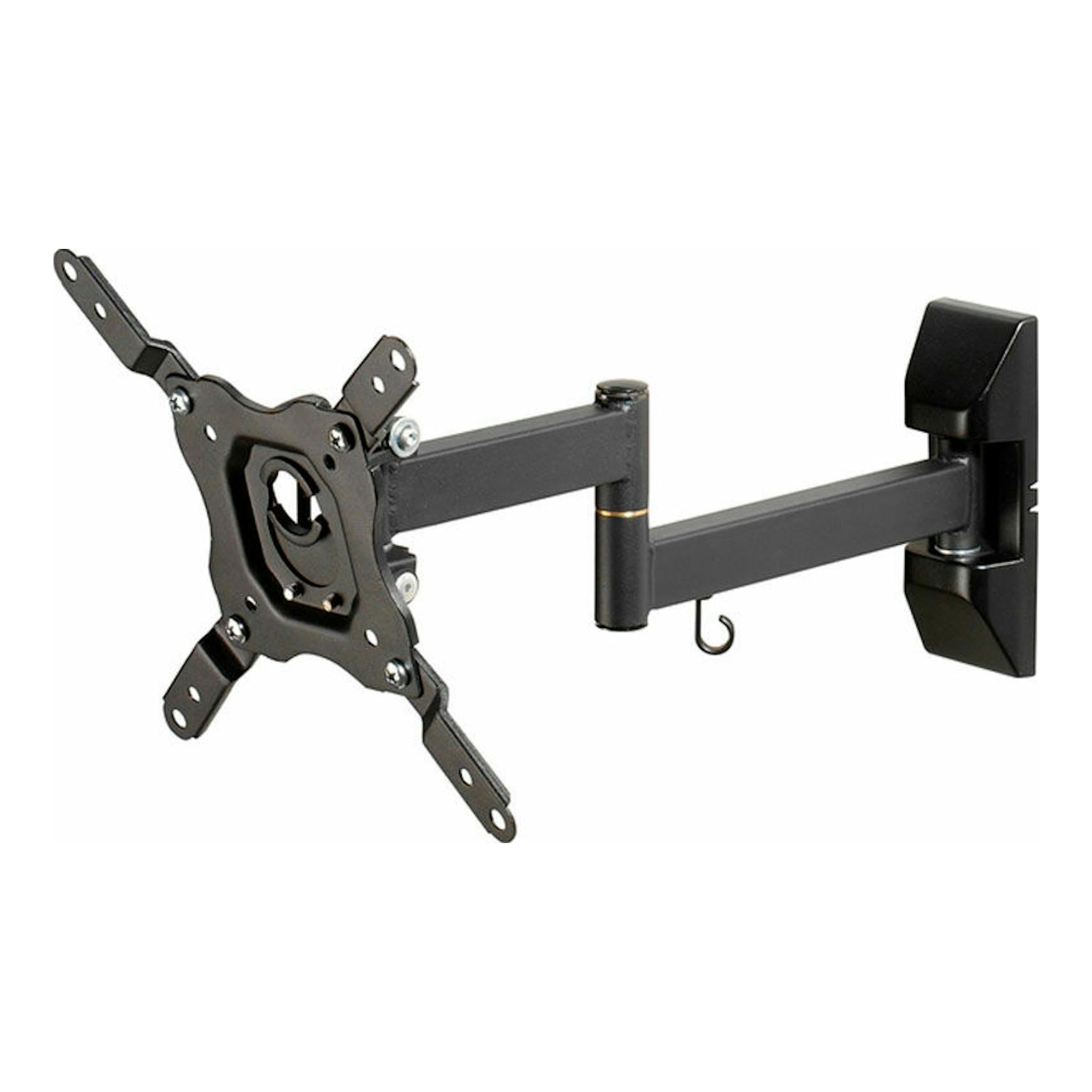 Soporte TV Vivanco BFMO 6020 negro, brazo articulado y placa VESA, vista lateral sobre fondo blanco.