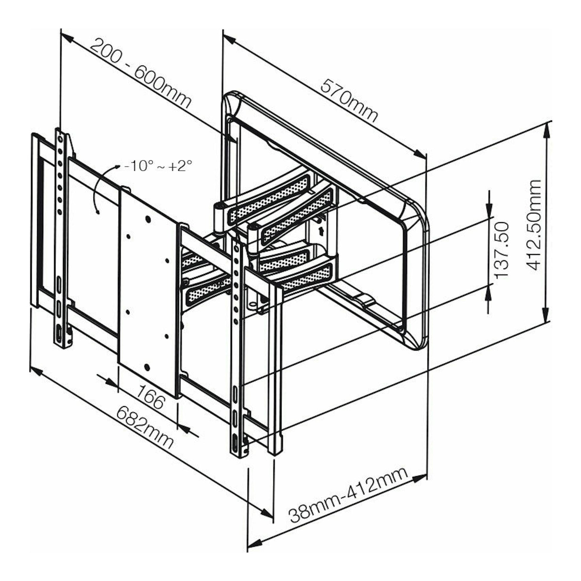 Esquema técnico en blanco y negro del soporte de TV Vivanco BFMO 8060 W, vista isométrica con medidas.