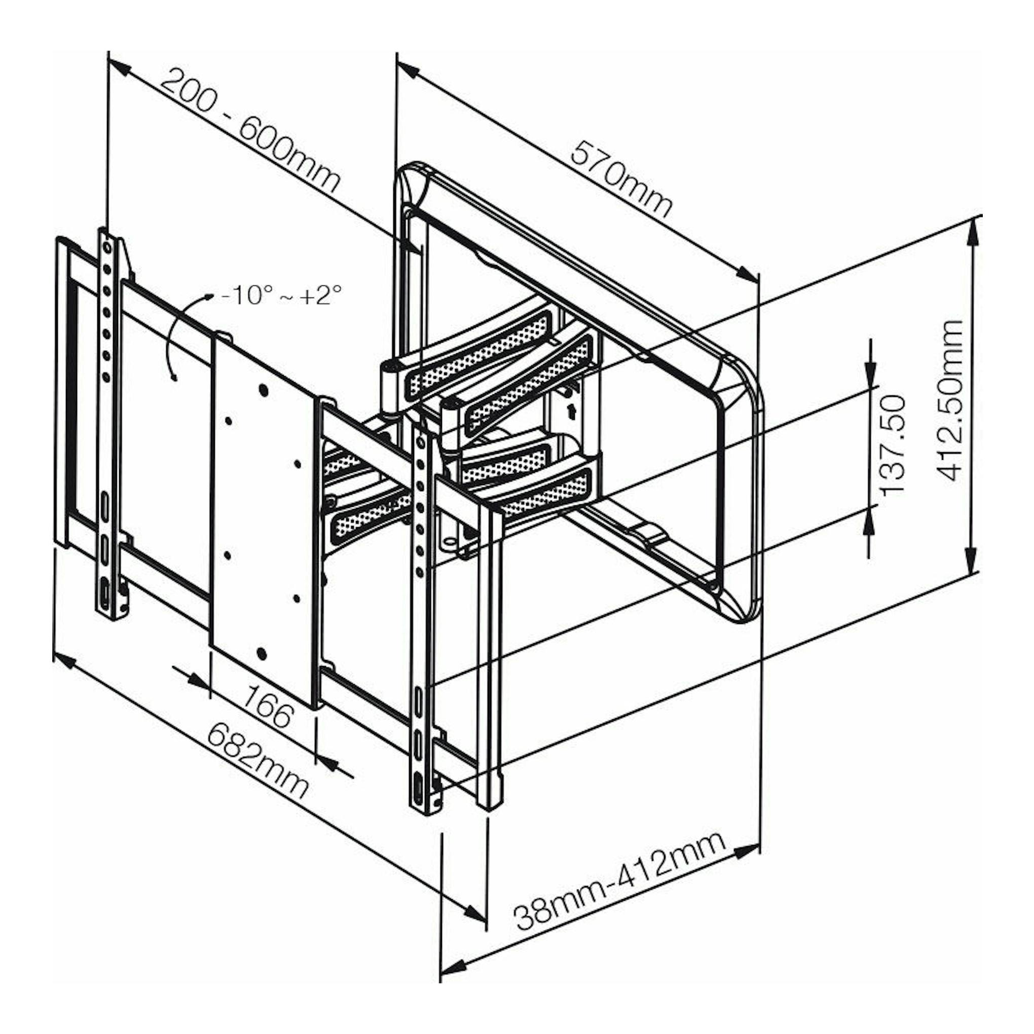 Esquema técnico en blanco y negro del soporte de TV Vivanco BFMO 8060 W, vista isométrica con medidas.